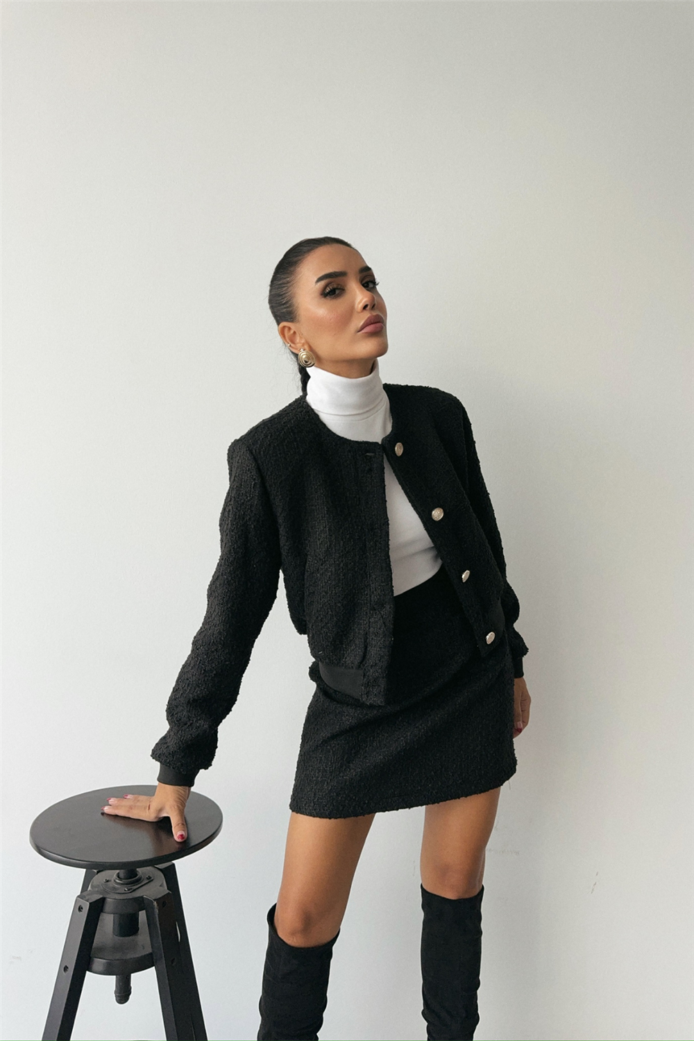 CHANEL CROP CEKET-KISA ETEK TAKIM - Siyah