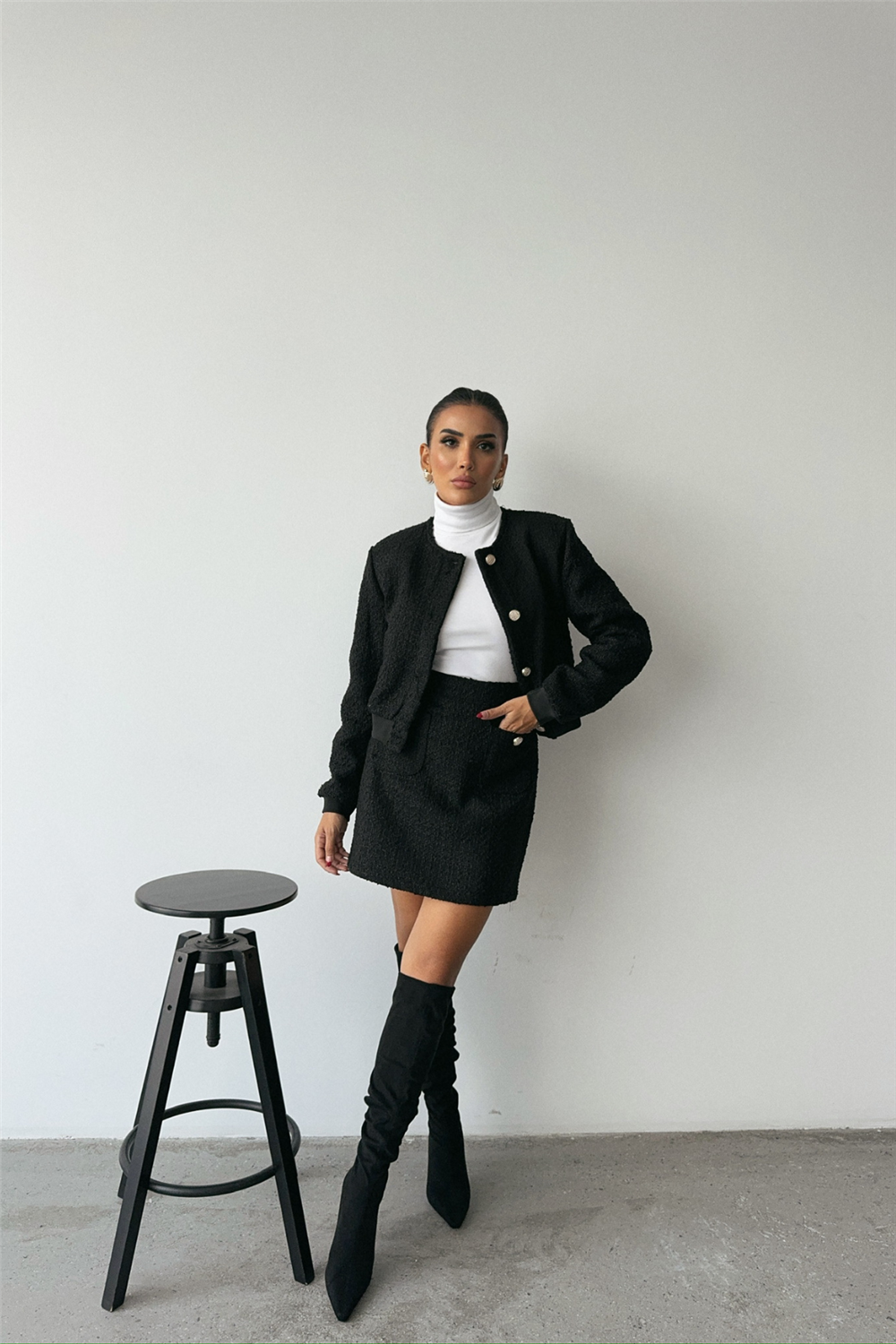 CHANEL CROP CEKET-KISA ETEK TAKIM - Siyah