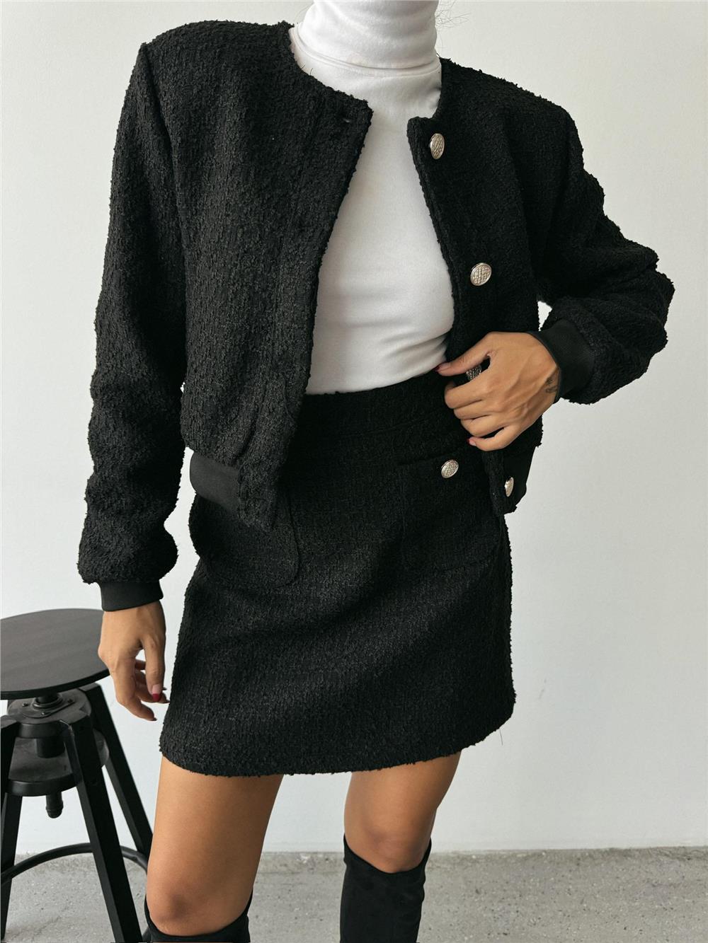 CHANEL CROP CEKET-KISA ETEK TAKIM - Siyah