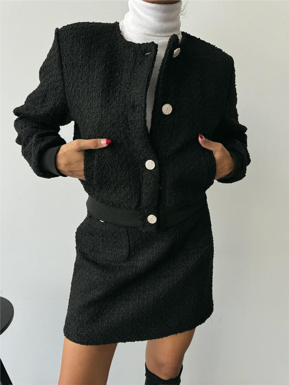 CHANEL CROP CEKET-KISA ETEK TAKIM - Siyah