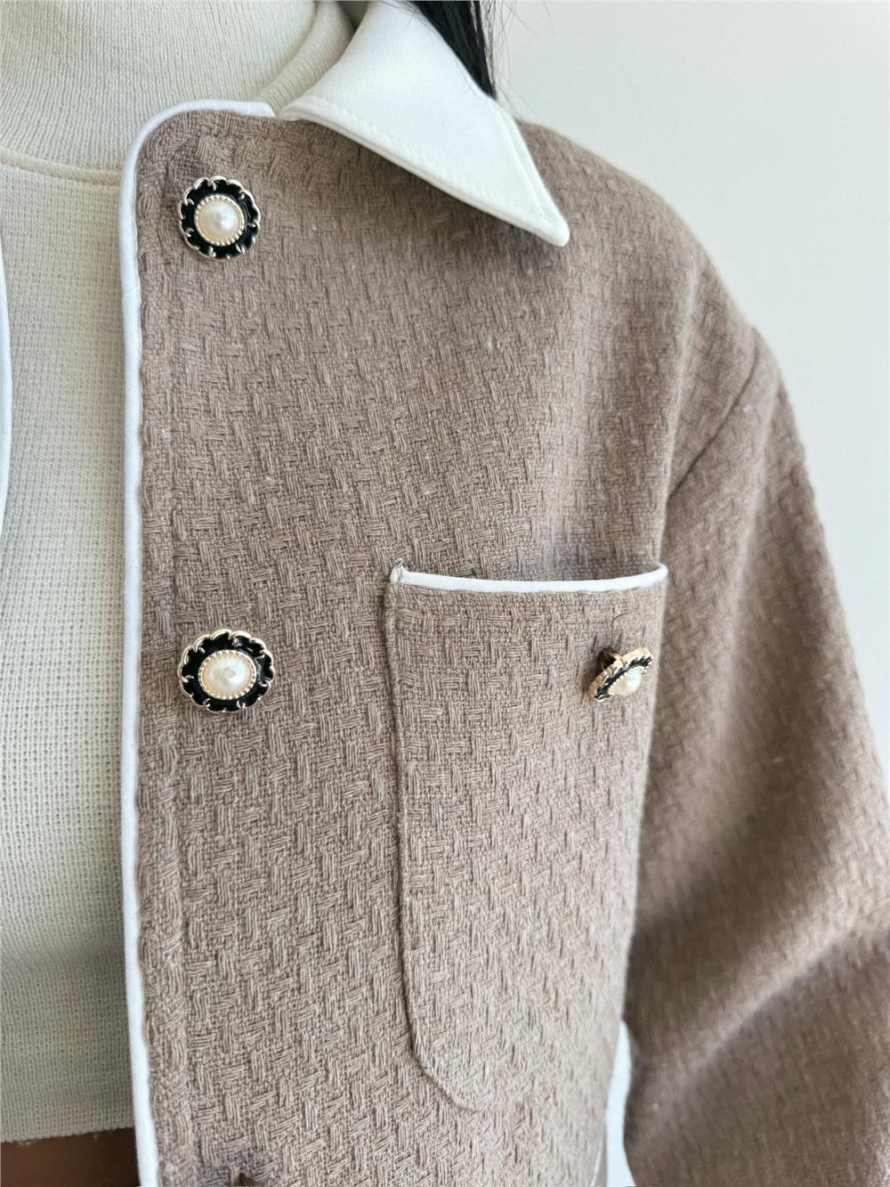 CHANEL KUMAŞ CROP CEKET DÜĞME DETAYLI - Kahverengi