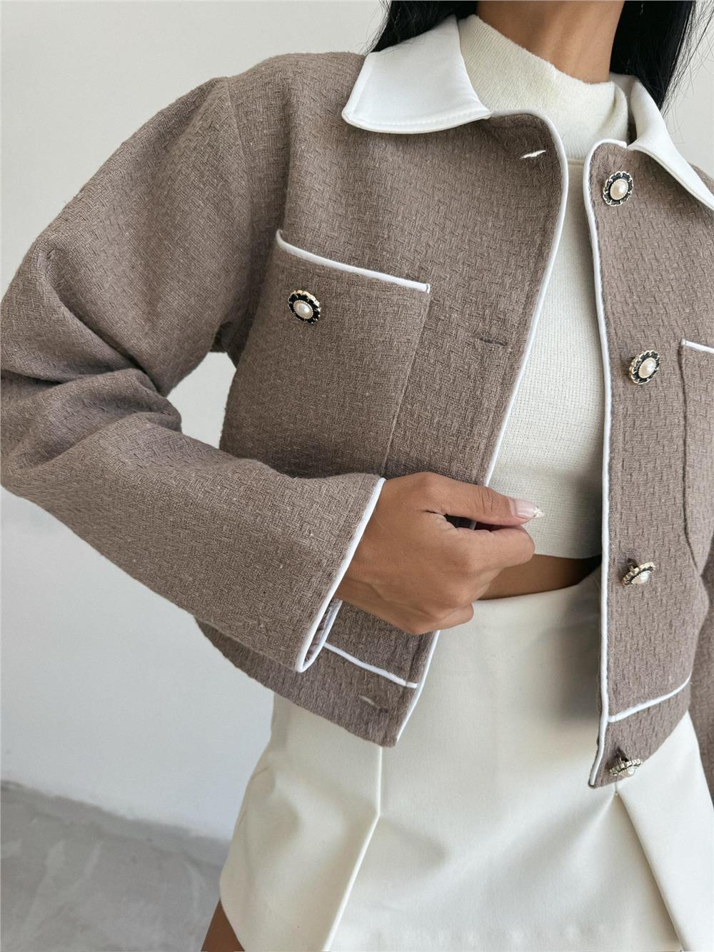CHANEL KUMAŞ CROP CEKET DÜĞME DETAYLI - Kahverengi