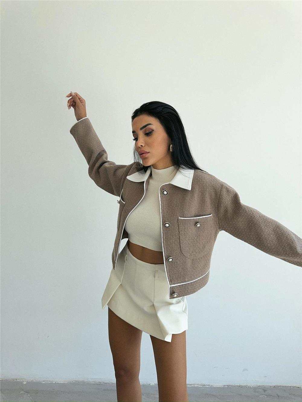 CHANEL KUMAŞ CROP CEKET DÜĞME DETAYLI - Kahverengi