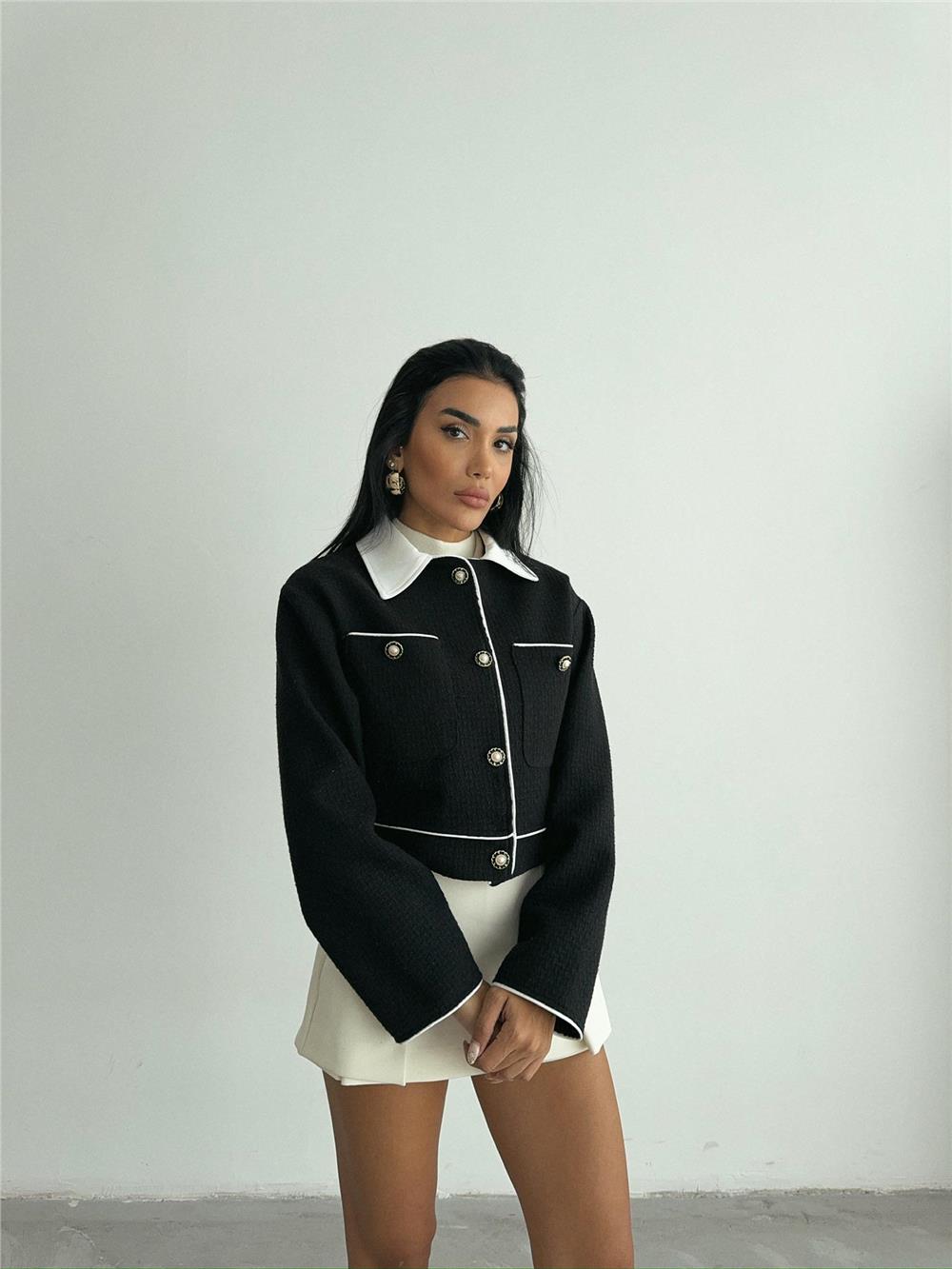 CHANEL KUMAŞ CROP CEKET DÜĞME DETAYLI - Siyah