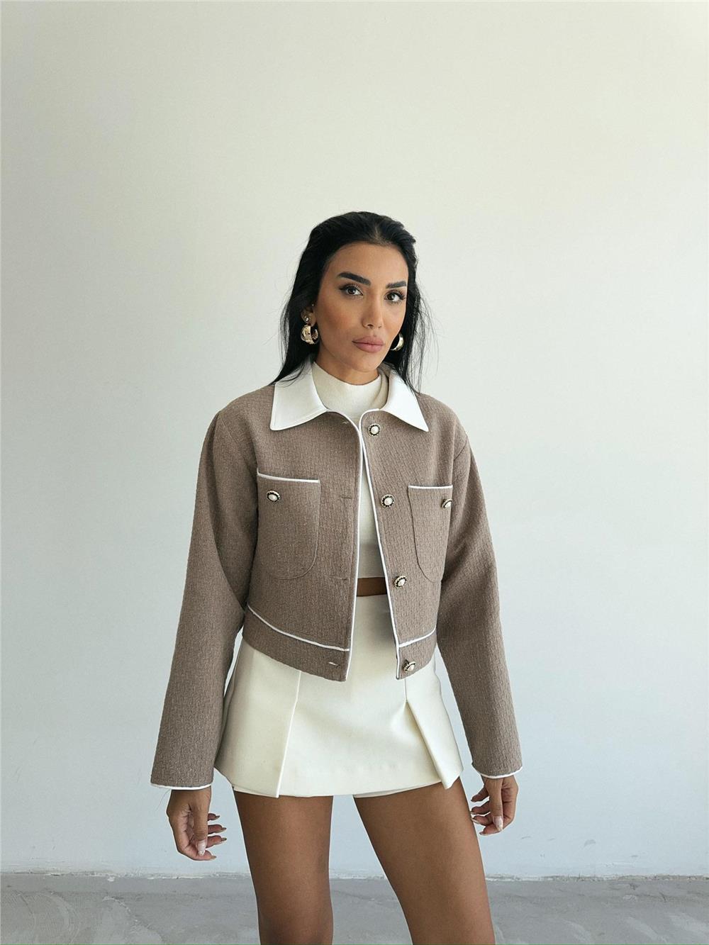 CHANEL KUMAŞ CROP CEKET DÜĞME DETAYLI - Kahverengi