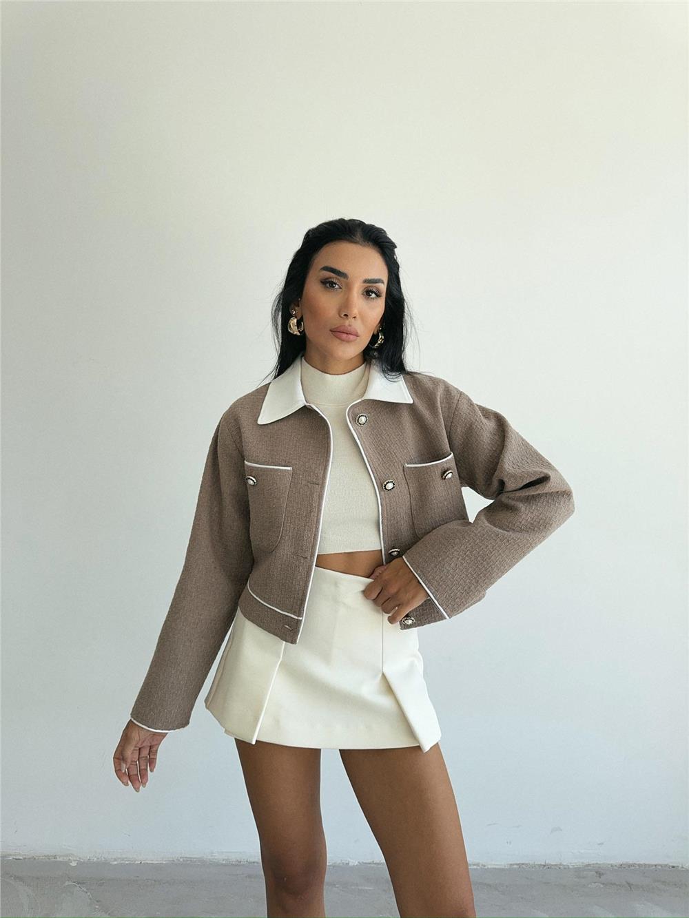 CHANEL KUMAŞ CROP CEKET DÜĞME DETAYLI - Kahverengi