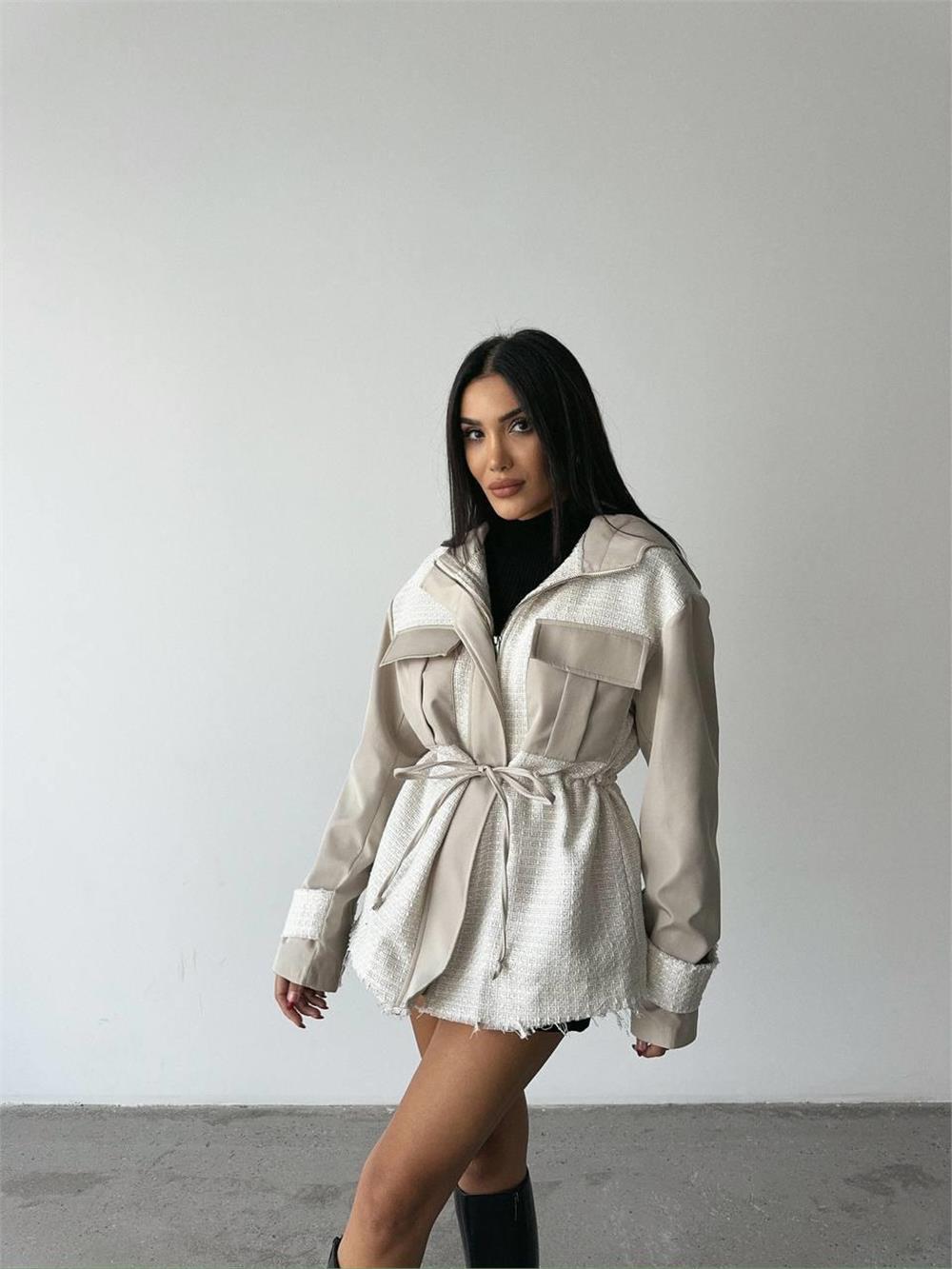 CHANEL -TRENCH GARNİLİ KAPİŞONLU BELDEN BÜZGÜLÜ MONT - Taş