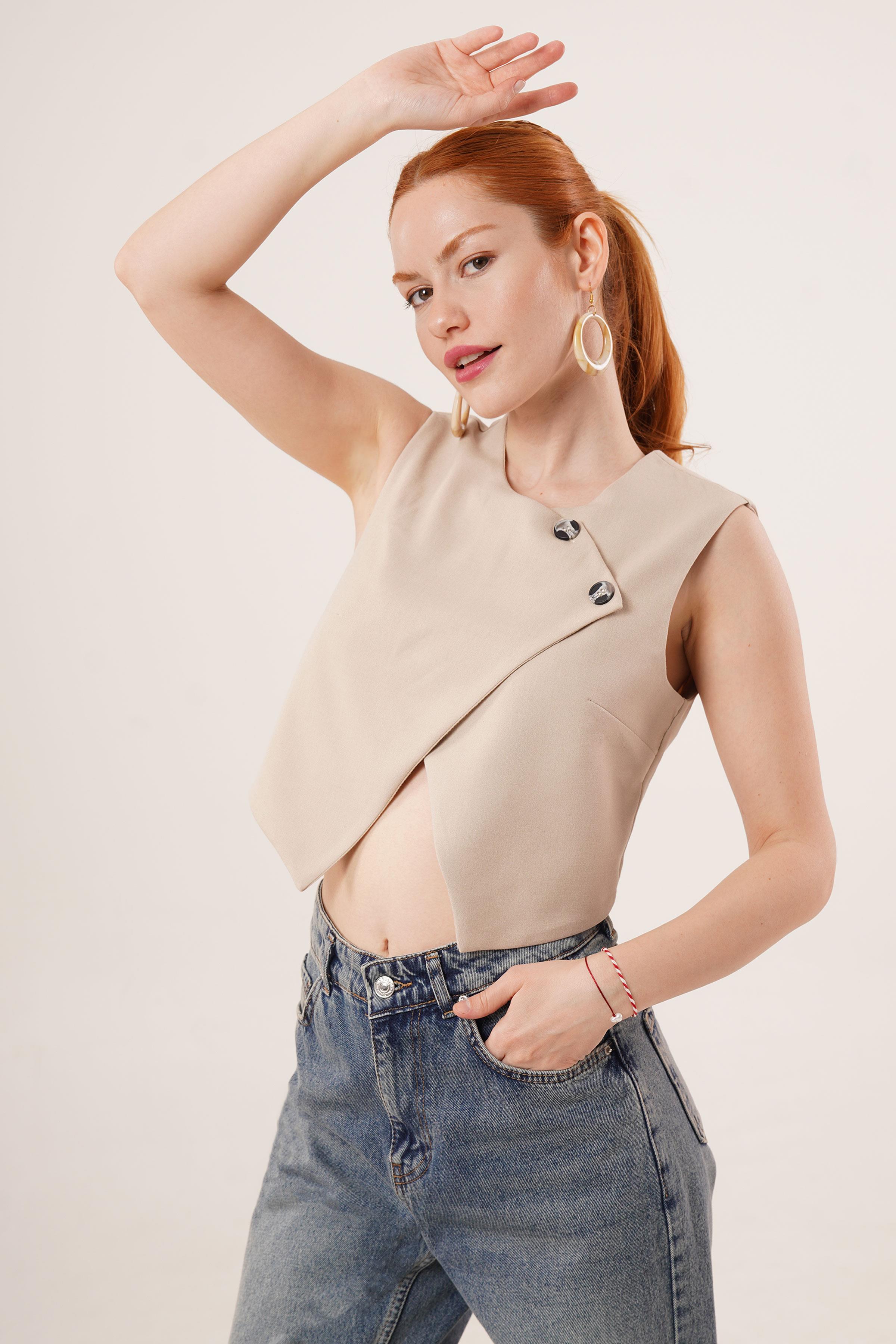 Çift Düğmeli Çapraz Model Bej Toptan Yelek
