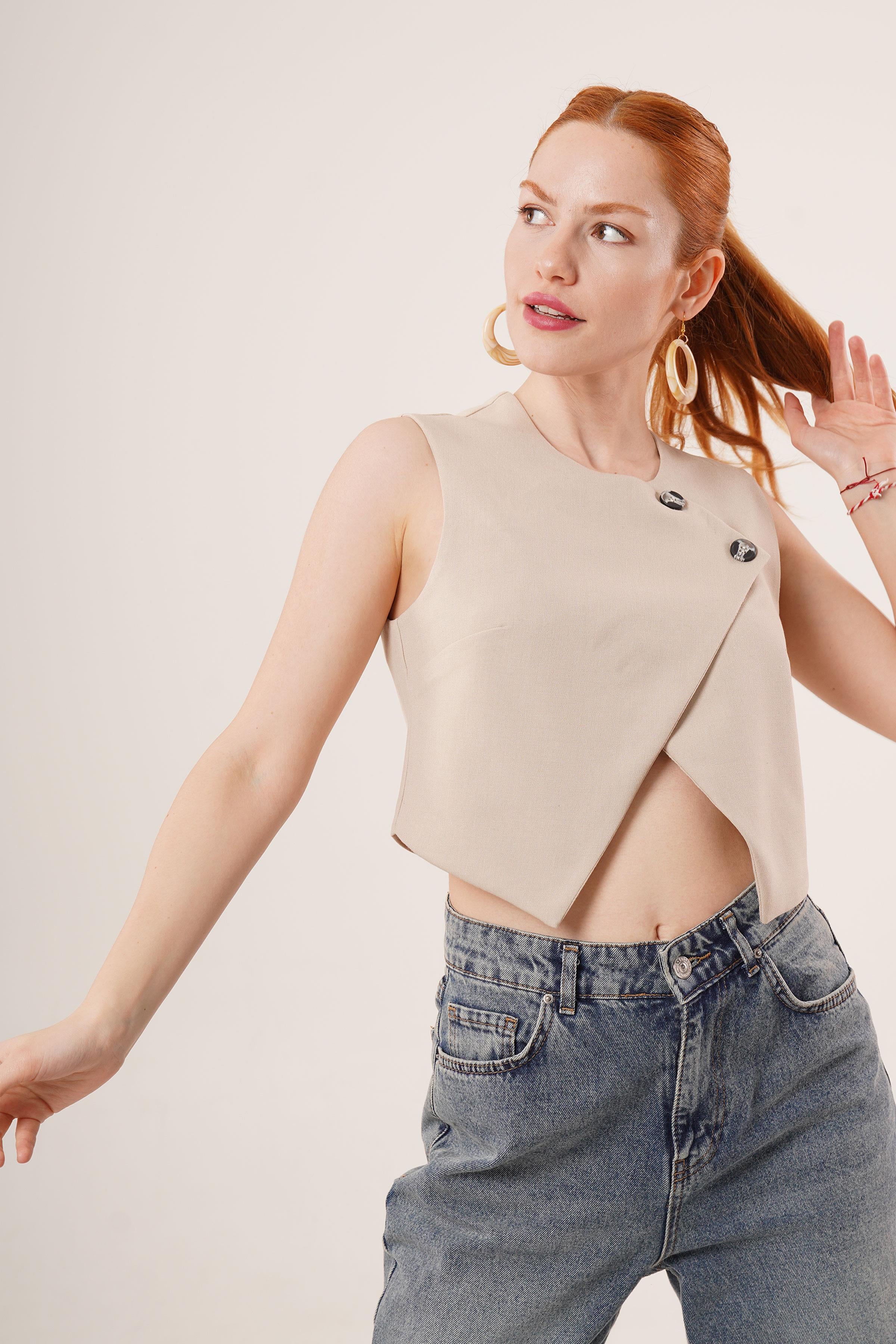 Çift Düğmeli Çapraz Model Bej Toptan Yelek