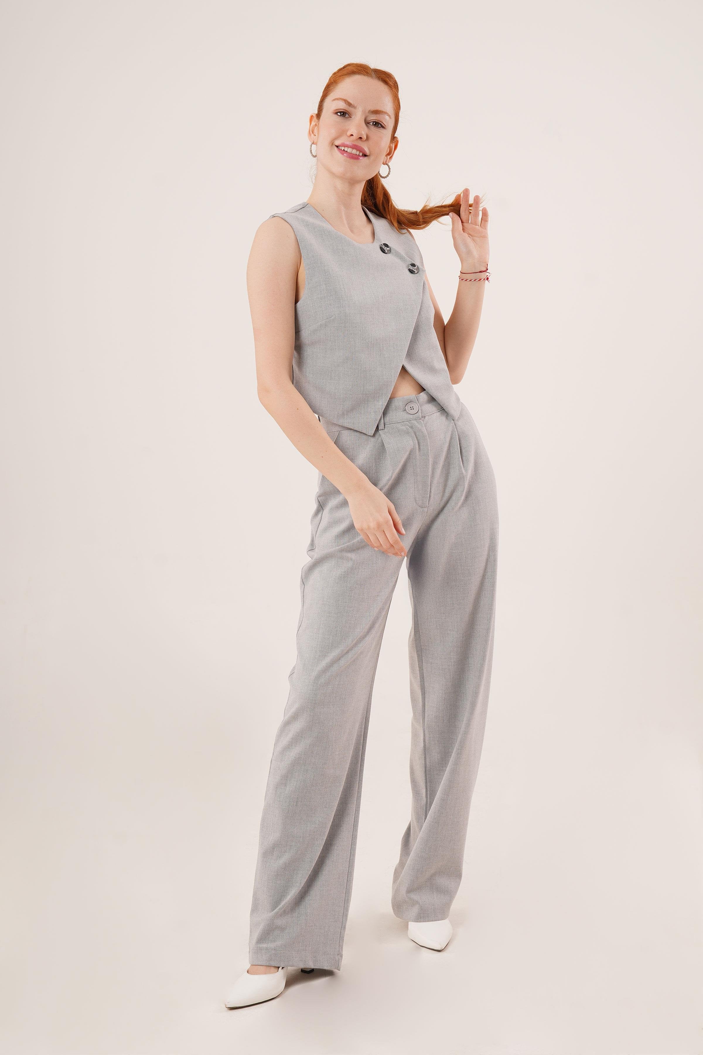 Çift Düğmeli Çapraz Model Gri Toptan Yelek