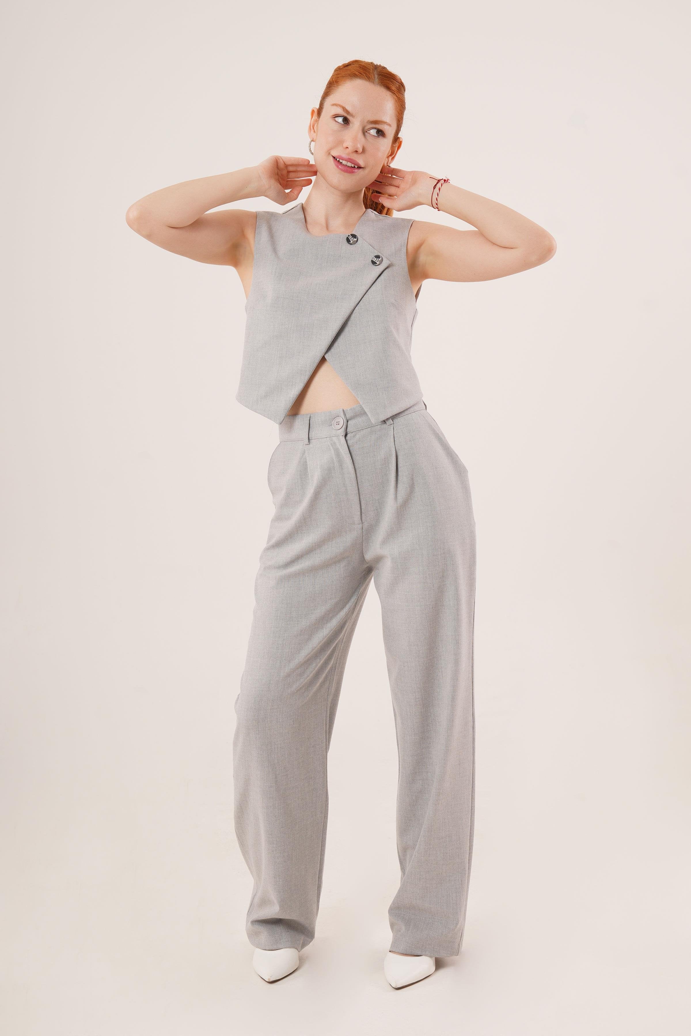 Çift Düğmeli Çapraz Model Gri Toptan Yelek