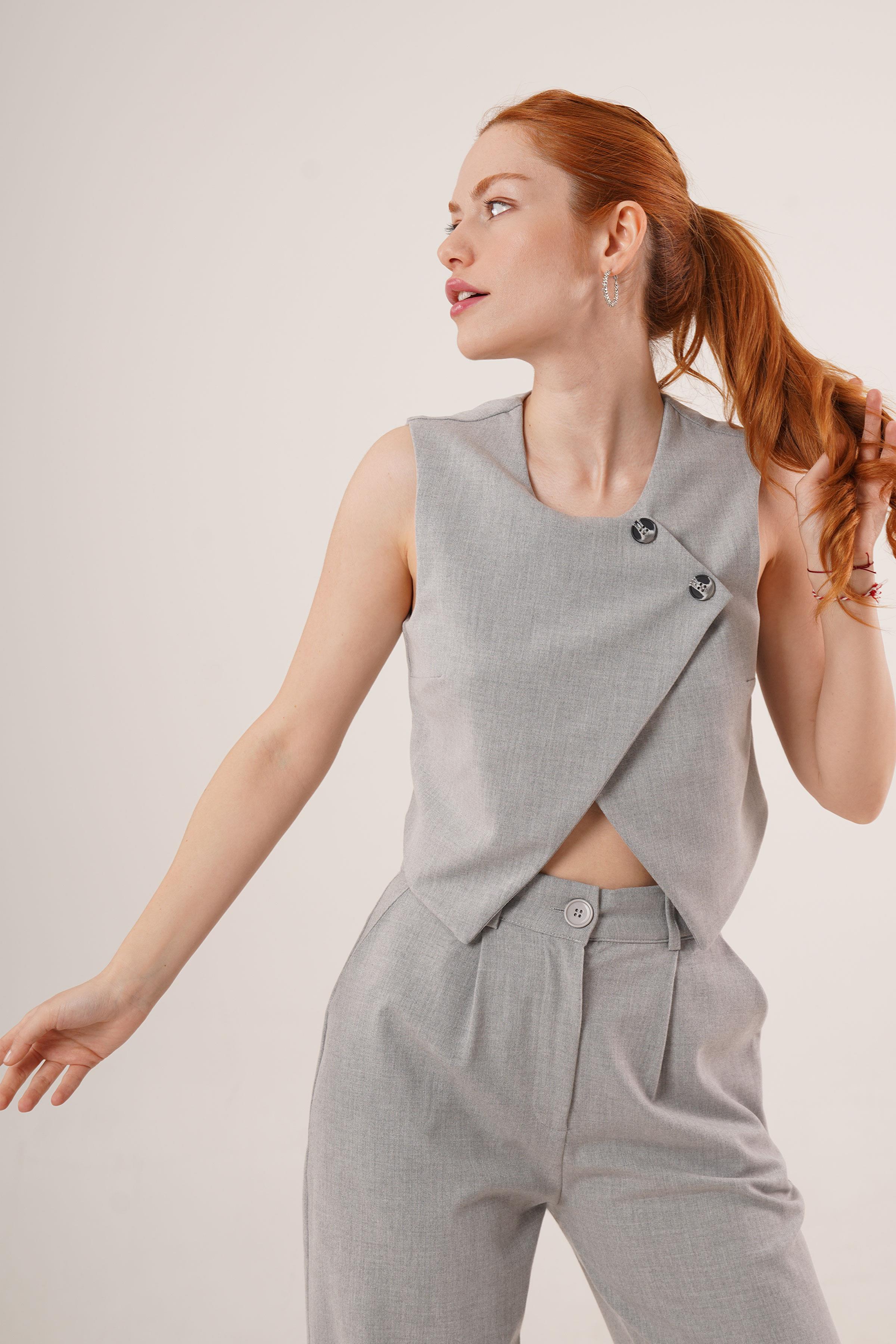 Çift Düğmeli Çapraz Model Gri Toptan Yelek