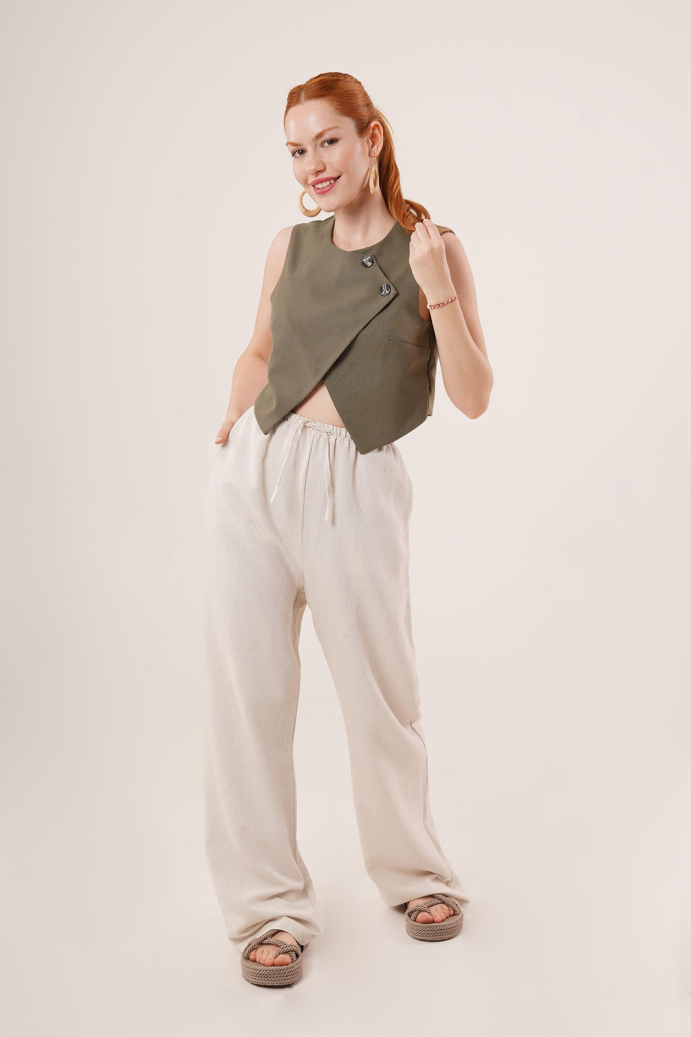 Çift Düğmeli Çapraz Model Haki Toptan Yelek