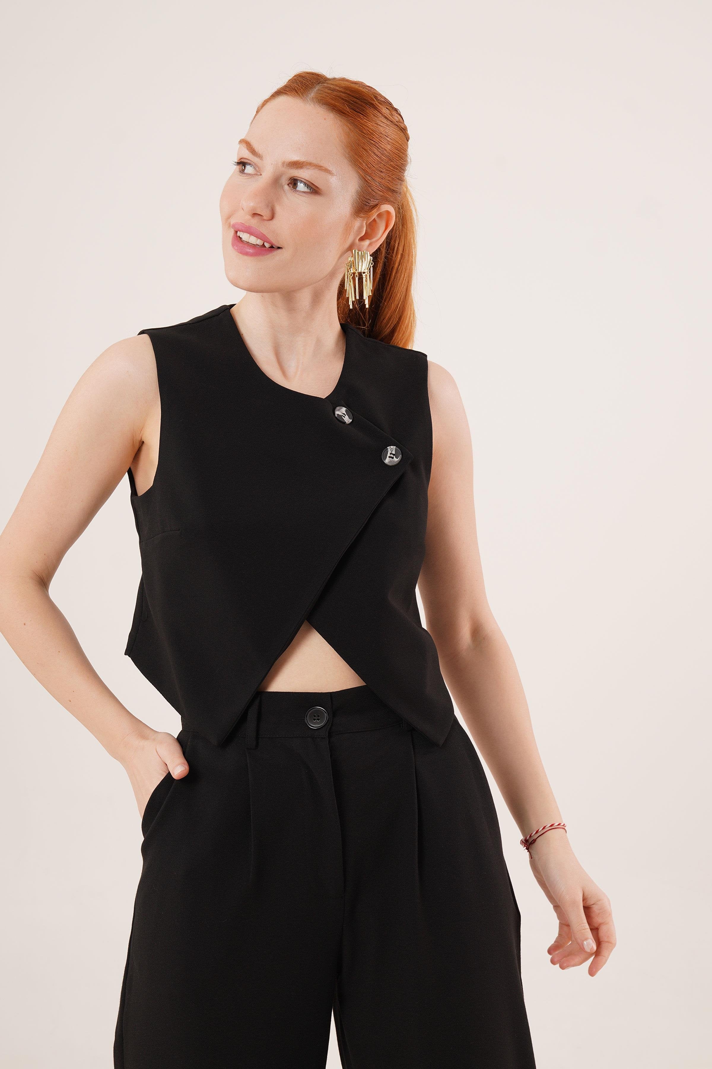 Çift Düğmeli Çapraz Model Siyah Toptan Yelek