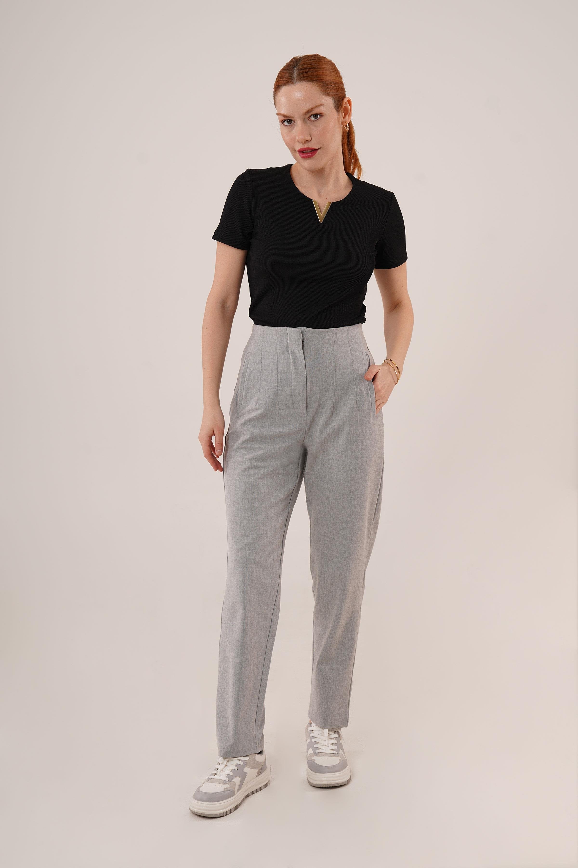 Çift Pens Detaylı Toptan Gri Pantolon