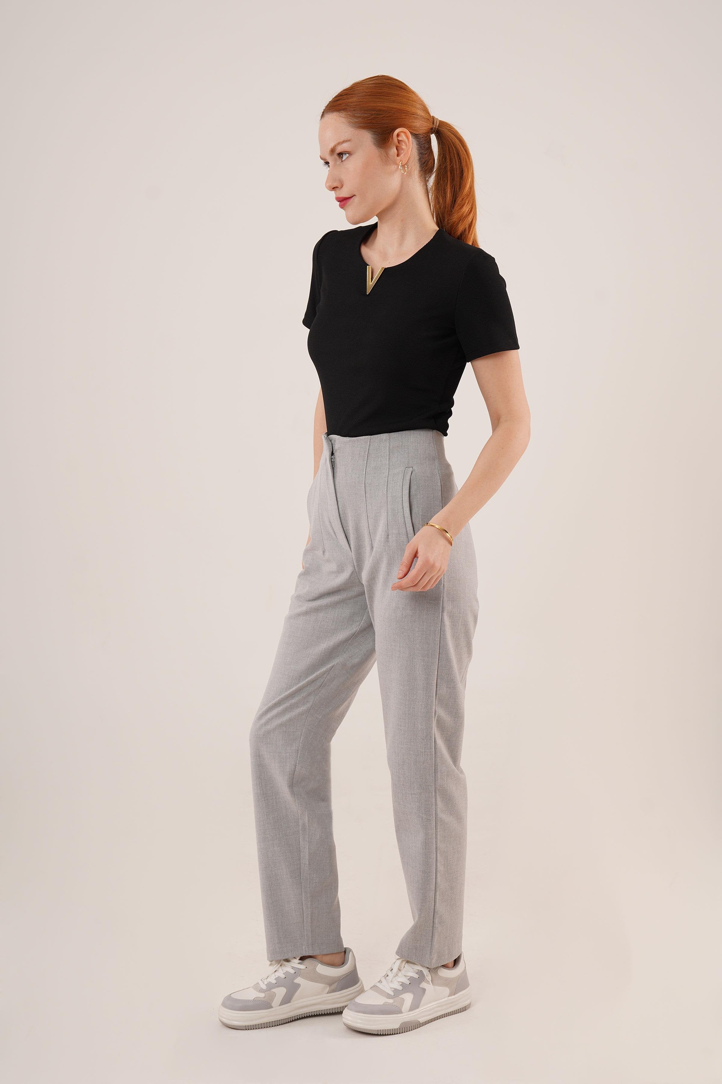 Çift Pens Detaylı Toptan Gri Pantolon