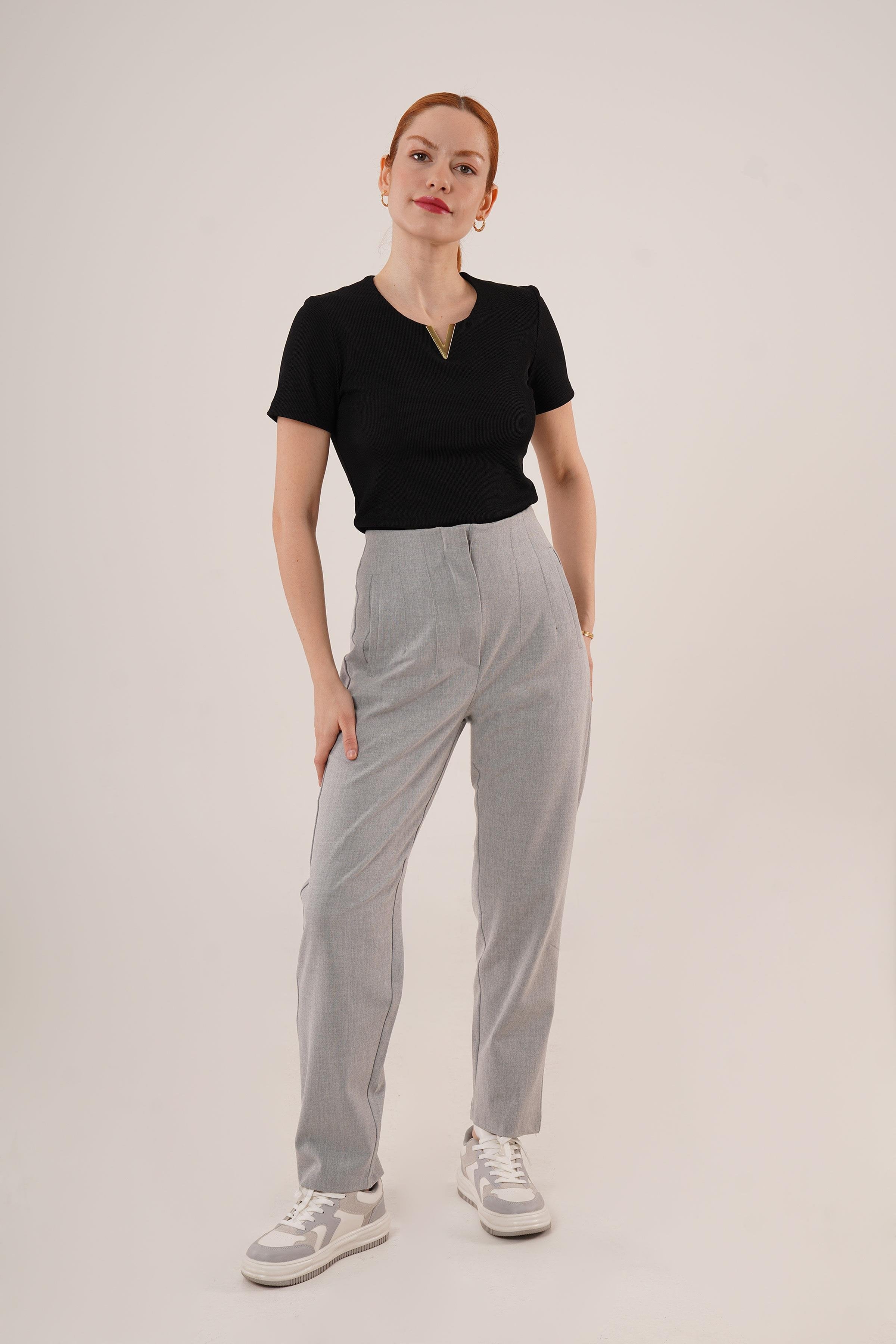 Çift Pens Detaylı Toptan Gri Pantolon