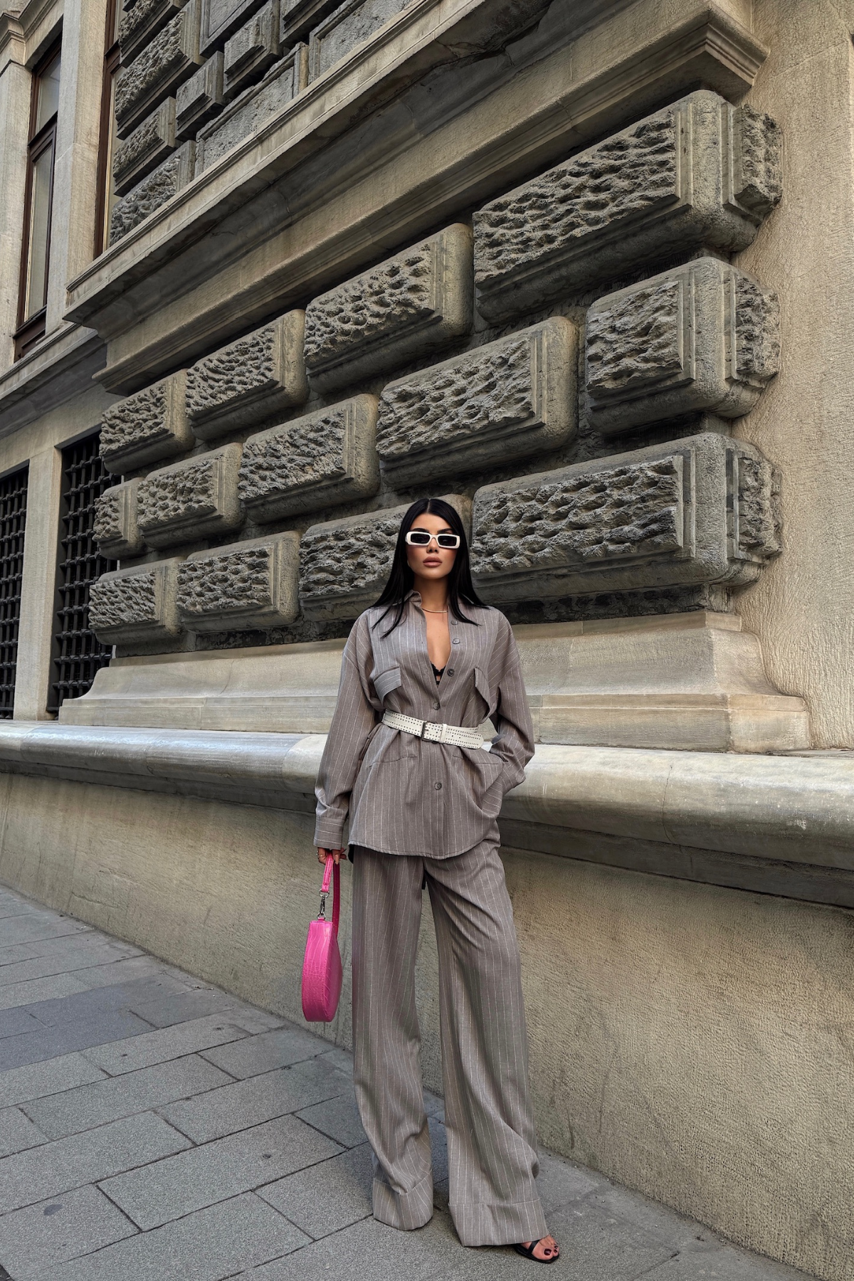 ÇİZGİLİ ARKA TASARIM DETAYLI GÖMLEK-PANTOLON TK - Gri