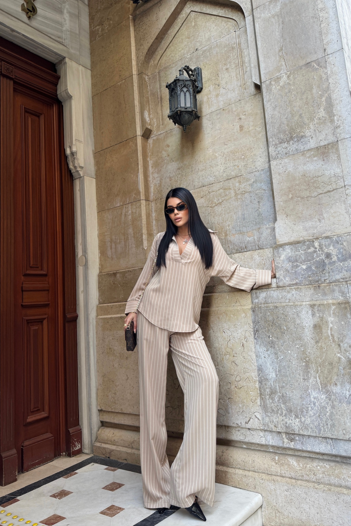 ÇİZGİLİ BLUZ  - PANTOLON TAKIM - Bej