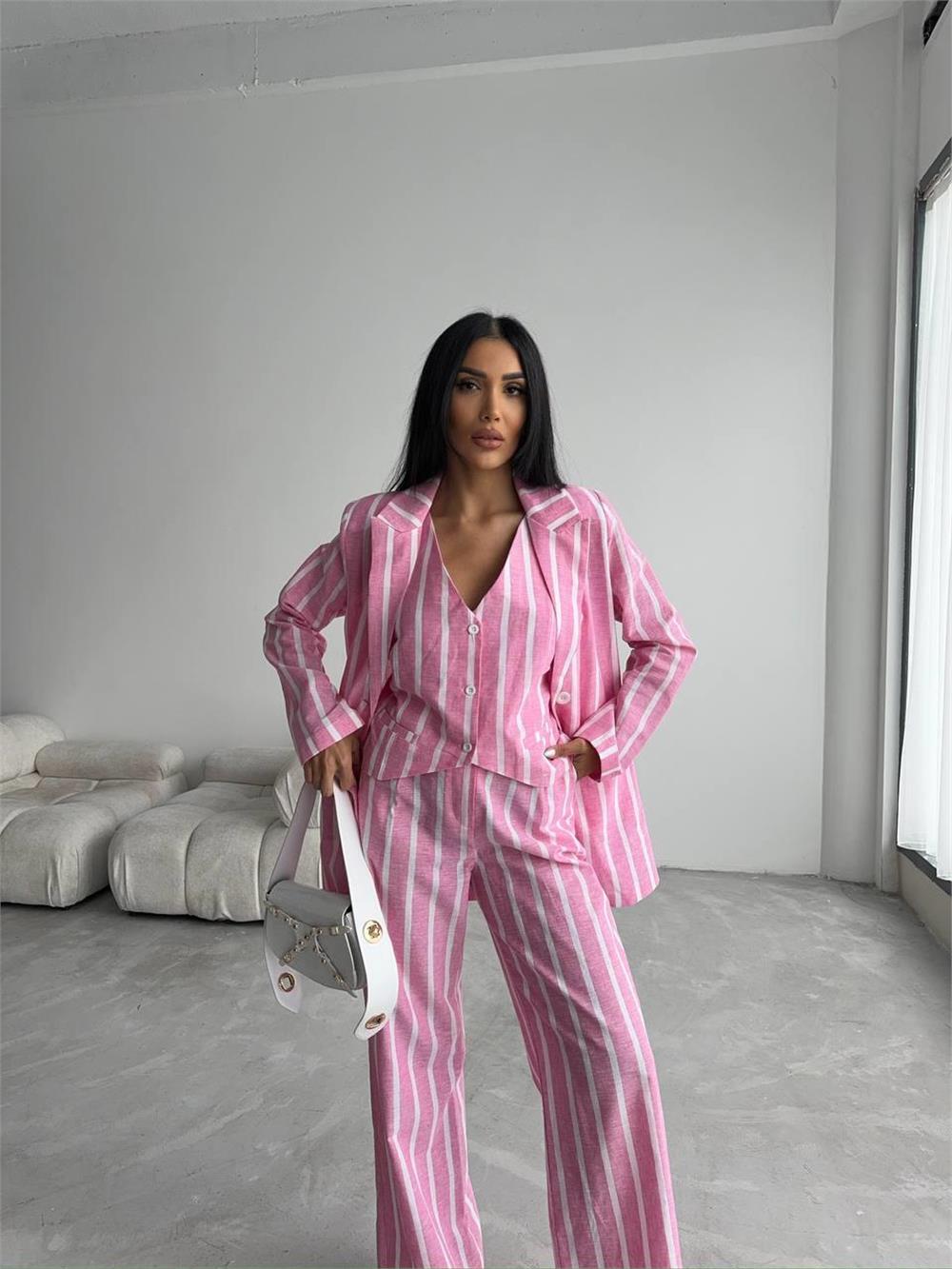 ÇİZGİLİ CEKET KETEN - Pembe