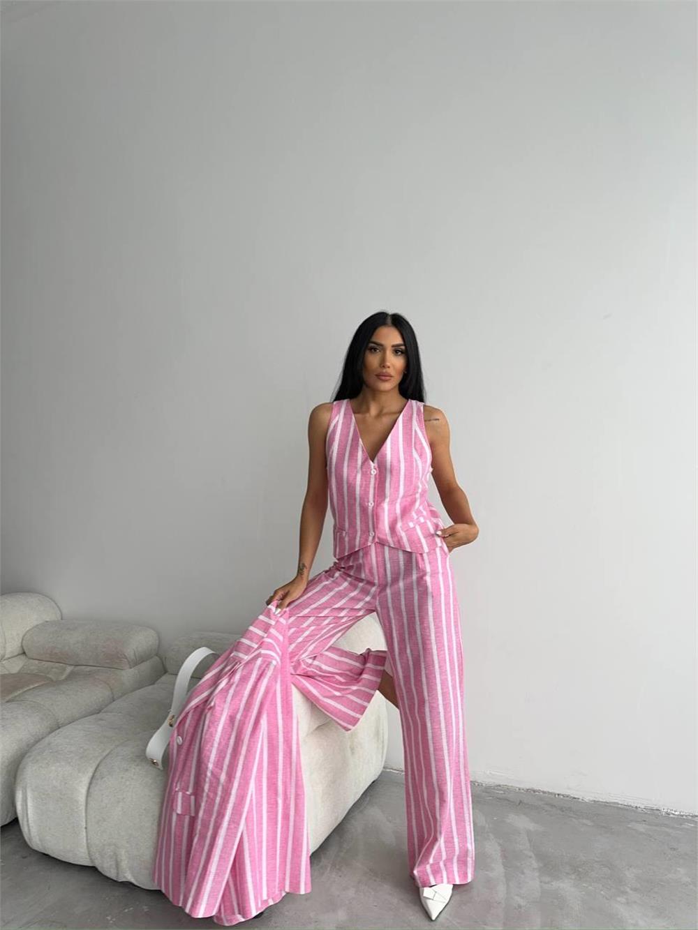 ÇİZGİLİ CEKET KETEN - Pembe