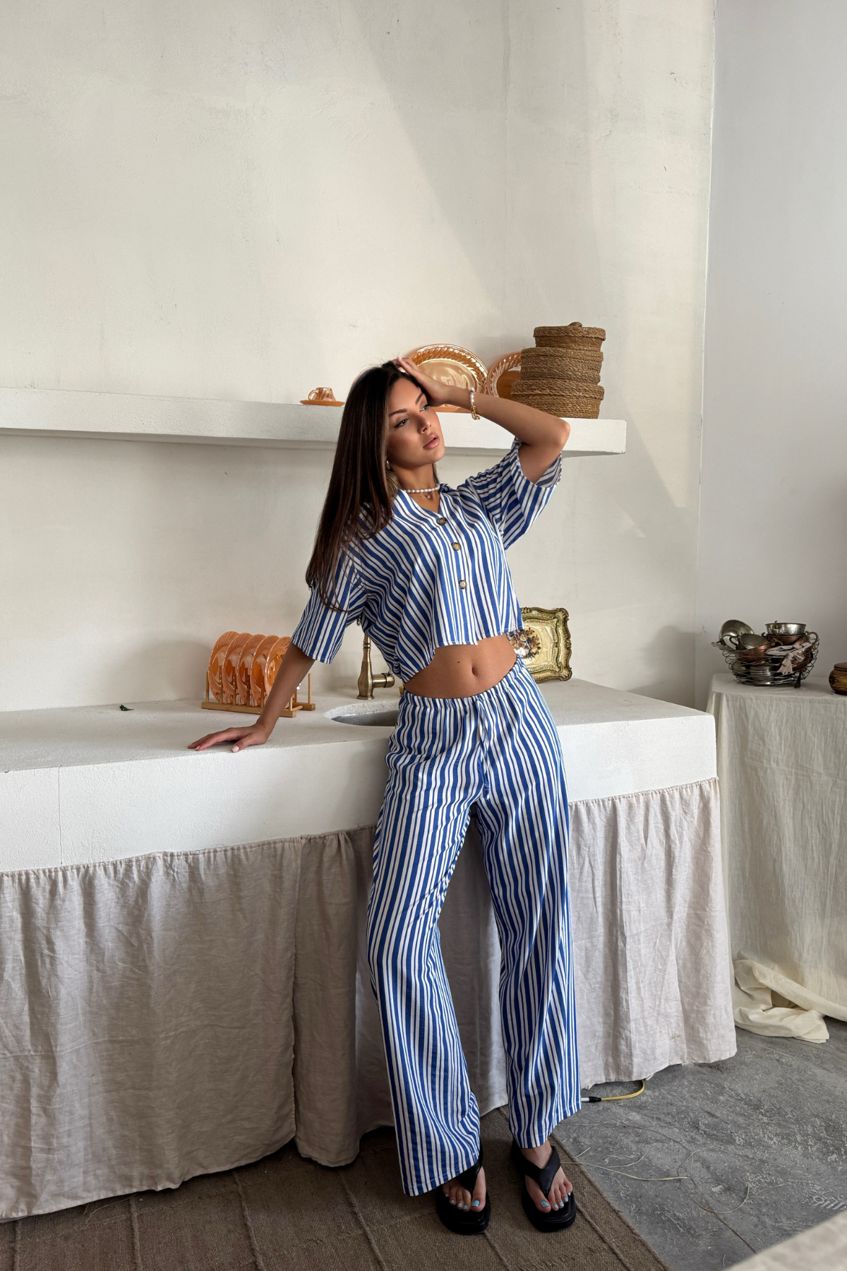 ÇİZGİLİ CROP GÖMLEK - SALAŞ PANTOLON TAKIM MODAL - Mavi