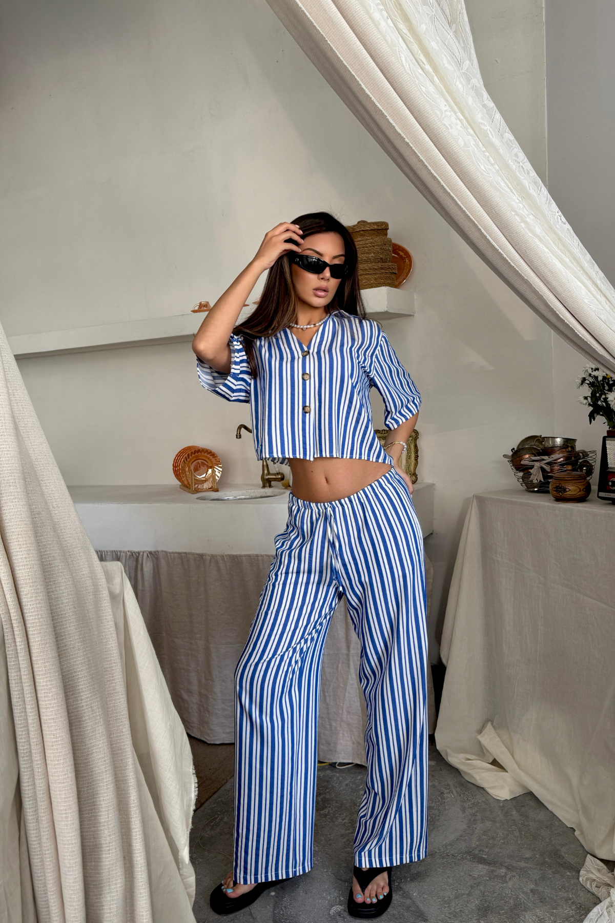 ÇİZGİLİ CROP GÖMLEK - SALAŞ PANTOLON TAKIM MODAL - Mavi