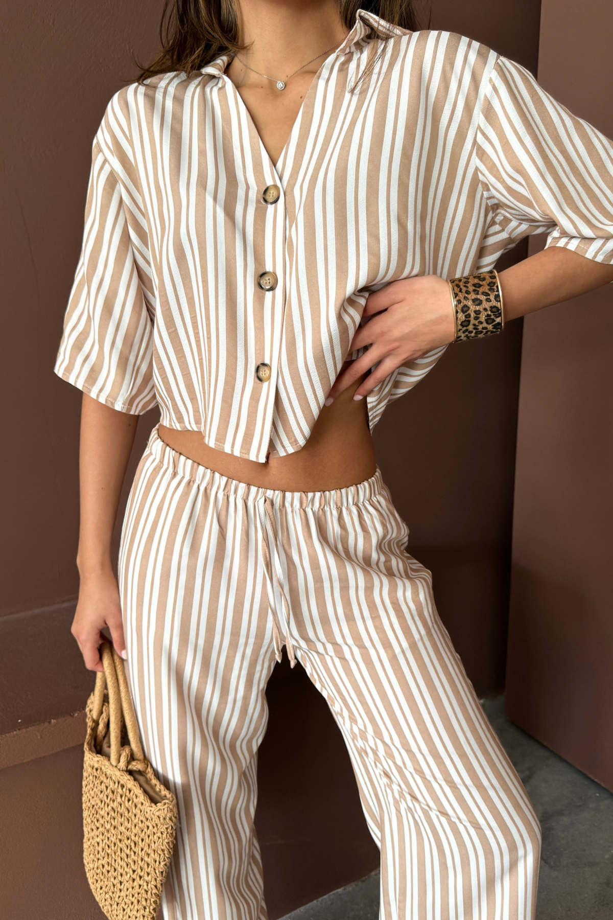 ÇİZGİLİ CROP GÖMLEK - SALAŞ PANTOLON TAKIM MODAL - Bej