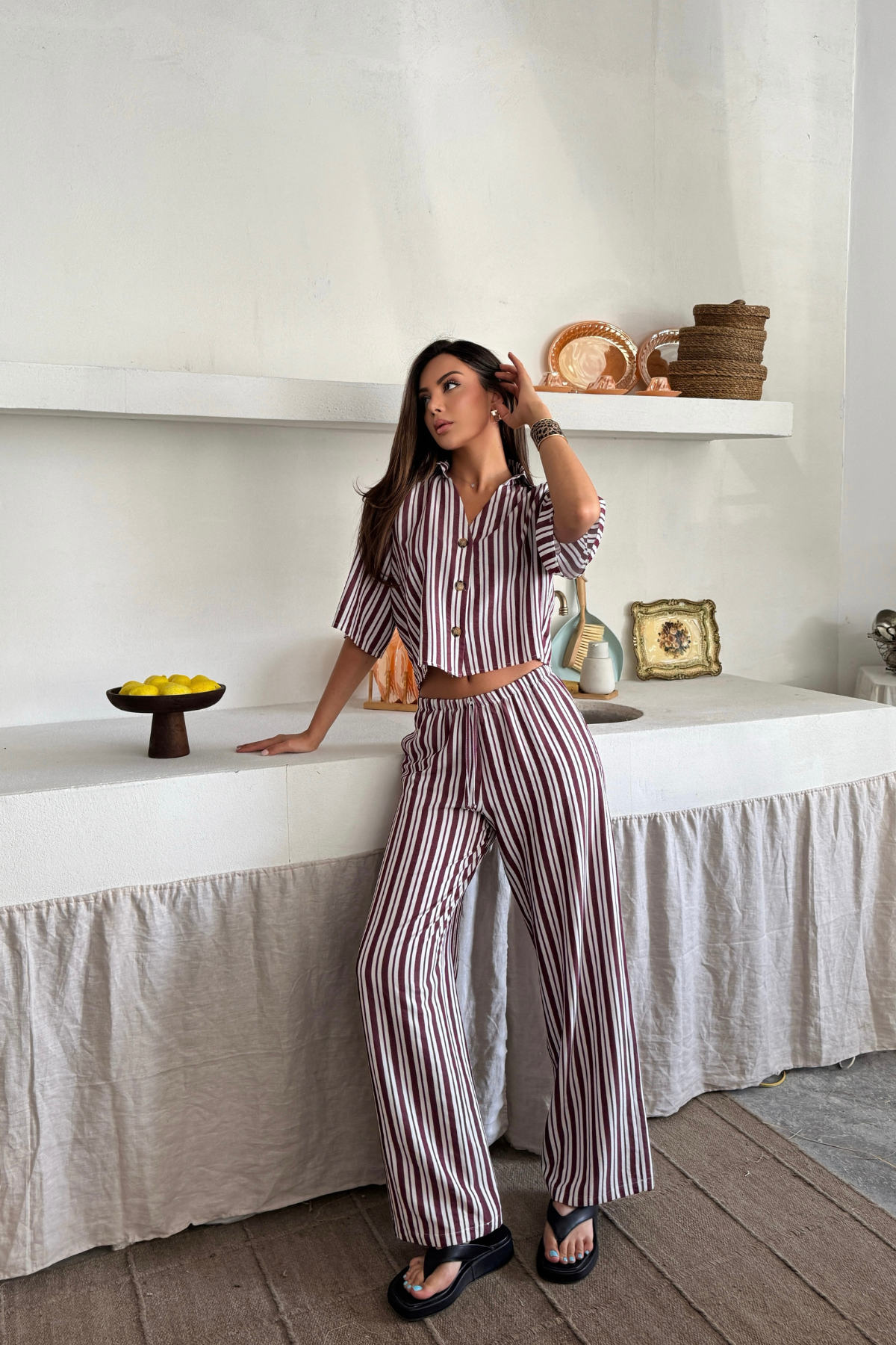 ÇİZGİLİ CROP GÖMLEK - SALAŞ PANTOLON TAKIM MODAL - Bordo