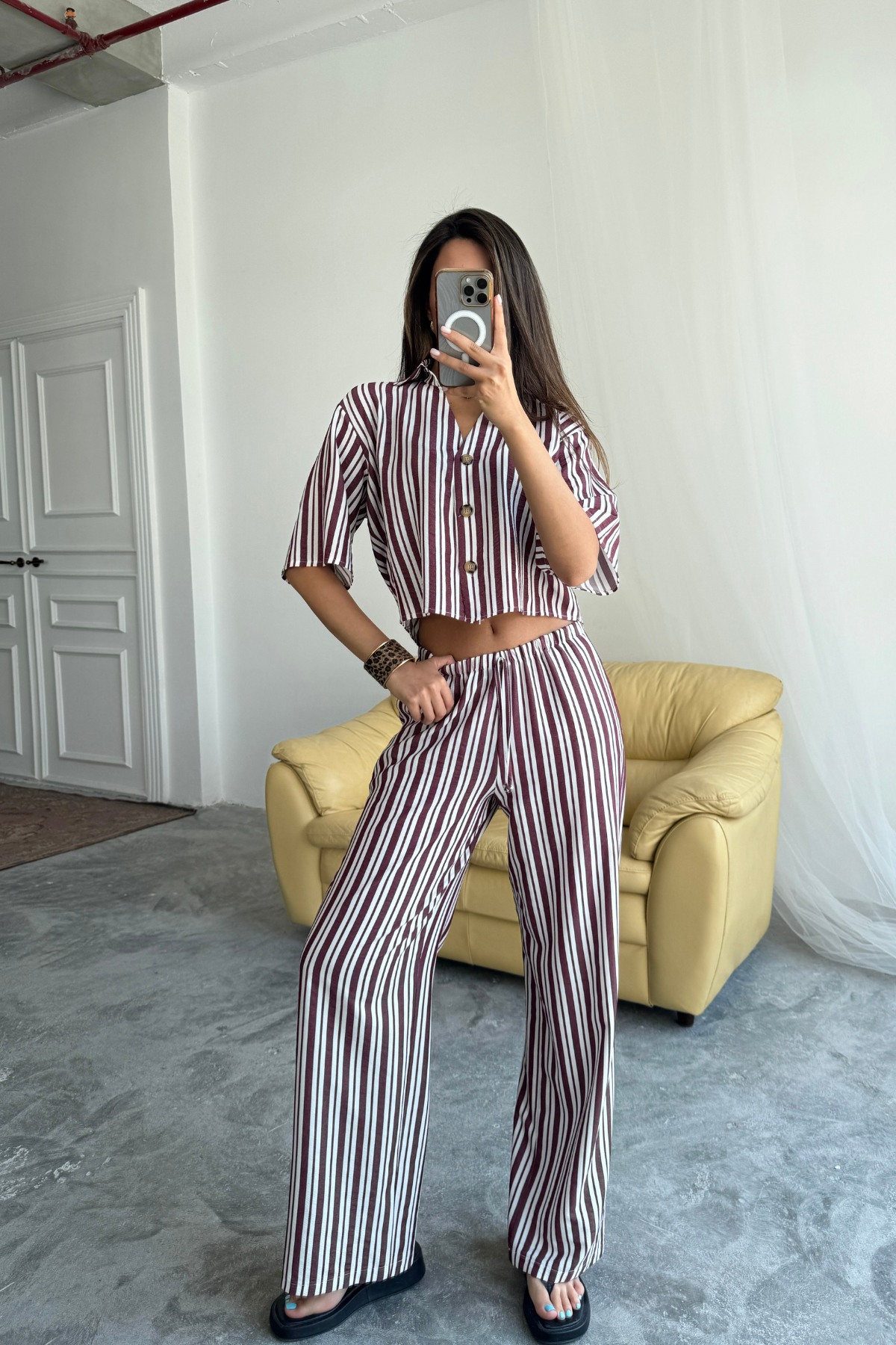 ÇİZGİLİ CROP GÖMLEK - SALAŞ PANTOLON TAKIM MODAL - Bordo