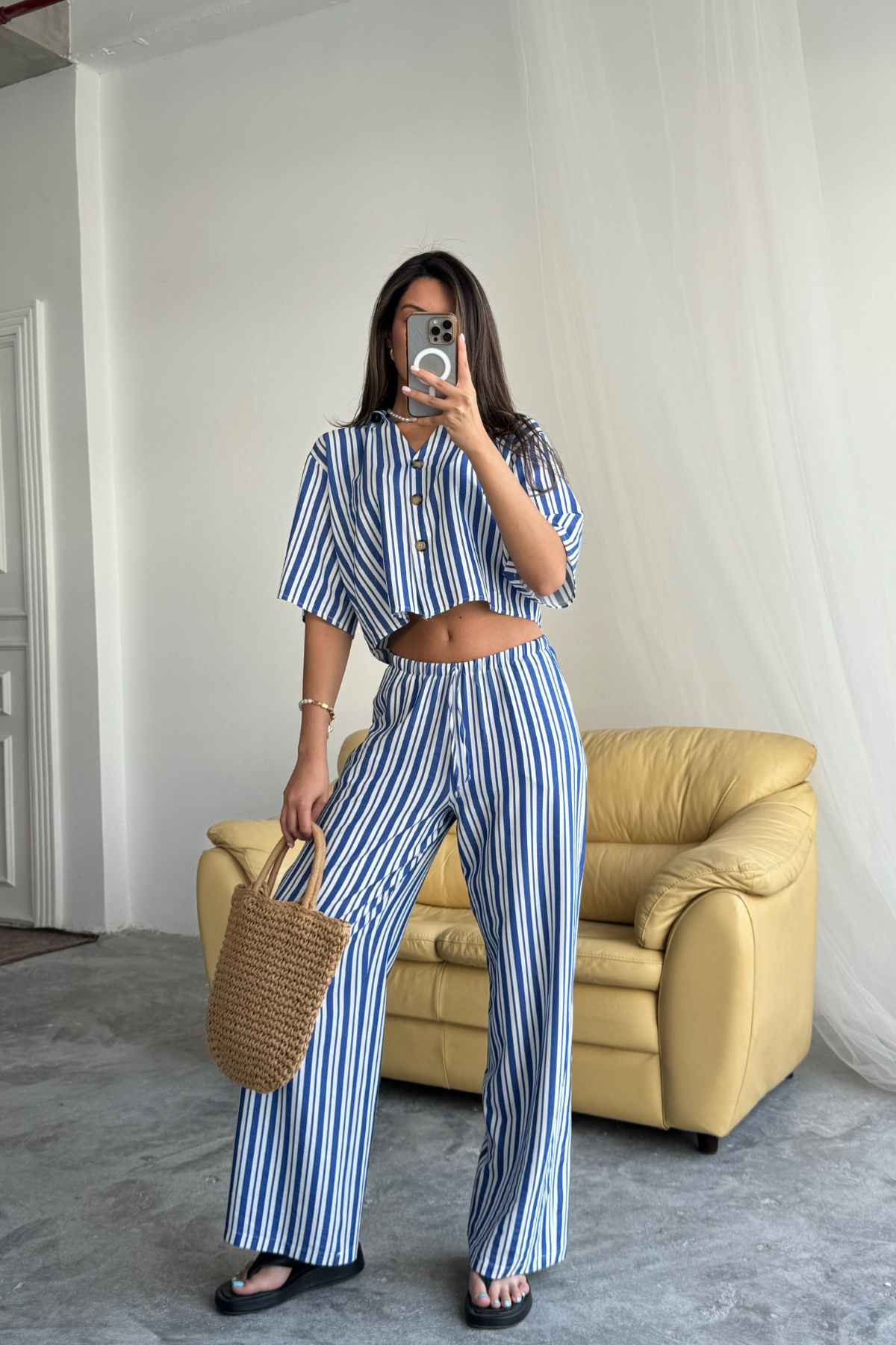 ÇİZGİLİ CROP GÖMLEK - SALAŞ PANTOLON TAKIM MODAL - Mavi