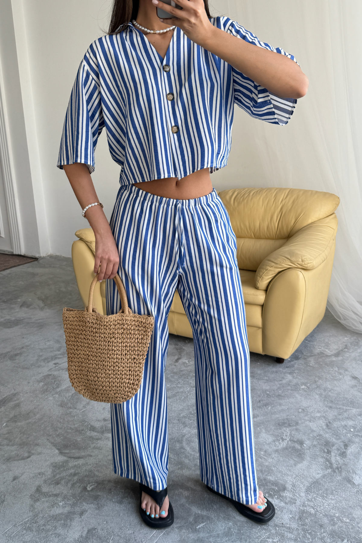 ÇİZGİLİ CROP GÖMLEK - SALAŞ PANTOLON TAKIM MODAL - Mavi