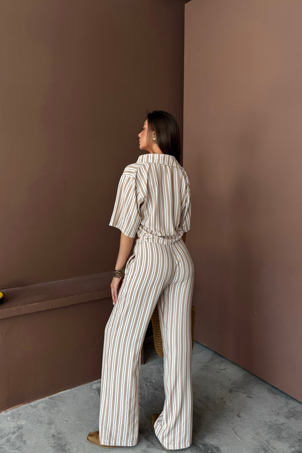 ÇİZGİLİ CROP GÖMLEK - SALAŞ PANTOLON TAKIM MODAL - Bej