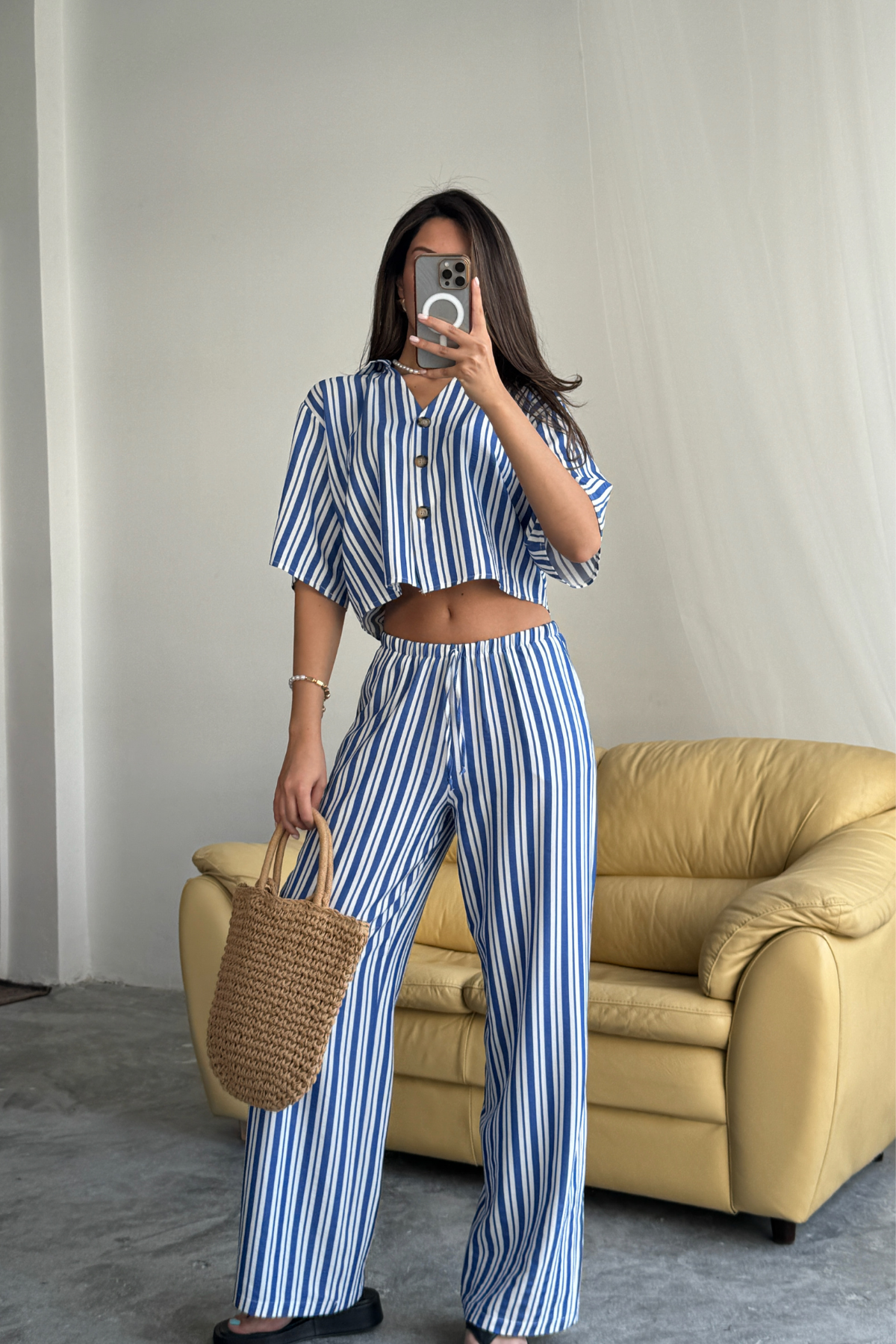 ÇİZGİLİ CROP GÖMLEK - SALAŞ PANTOLON TAKIM MODAL - Mavi