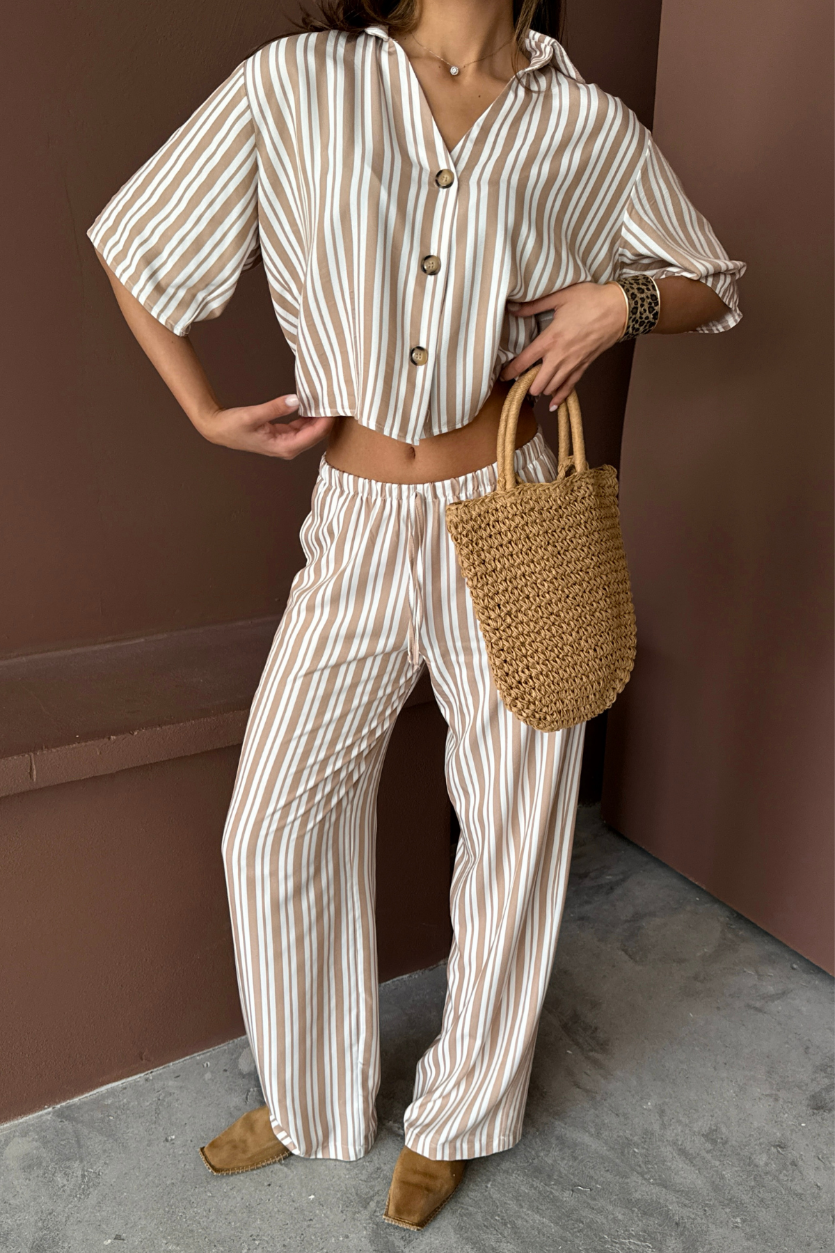 ÇİZGİLİ CROP GÖMLEK - SALAŞ PANTOLON TAKIM MODAL - Bej