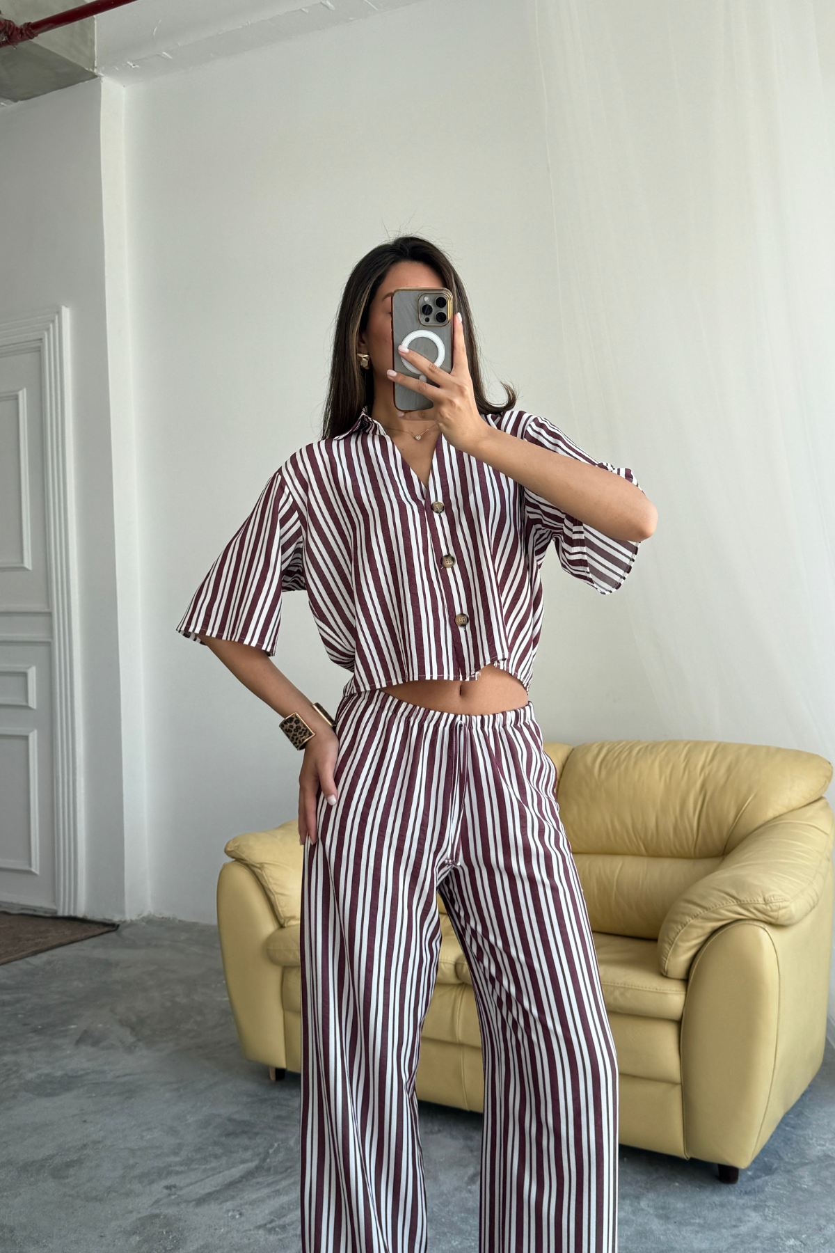 ÇİZGİLİ CROP GÖMLEK - SALAŞ PANTOLON TAKIM MODAL - Bordo
