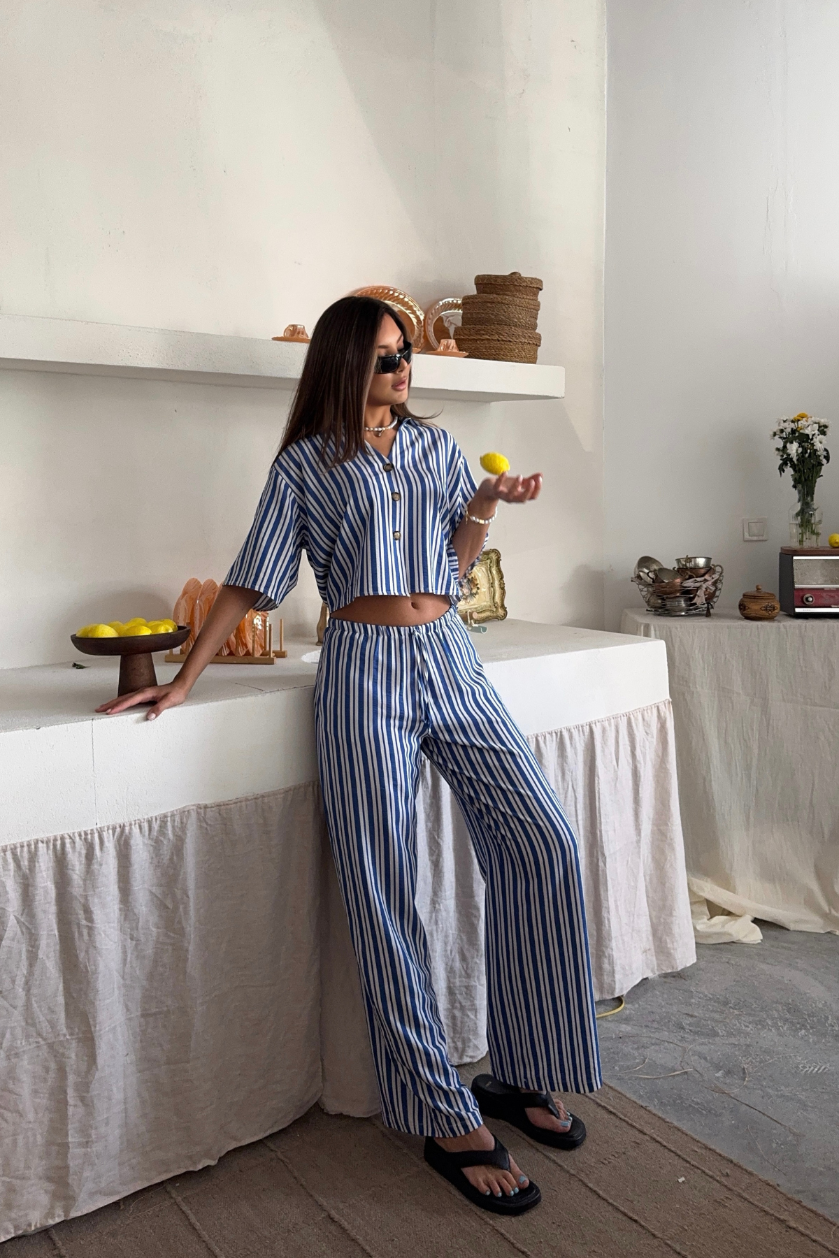 ÇİZGİLİ CROP GÖMLEK - SALAŞ PANTOLON TAKIM MODAL - Mavi