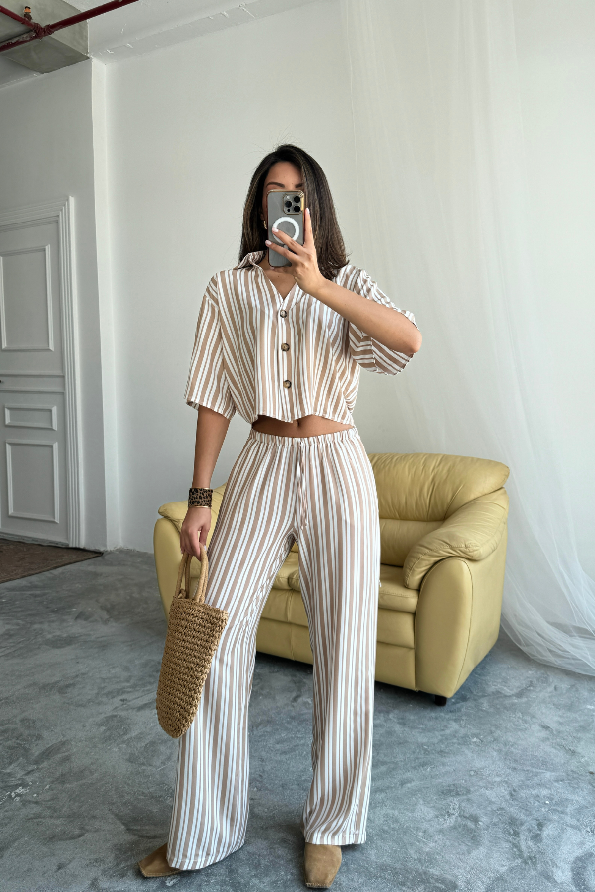ÇİZGİLİ CROP GÖMLEK - SALAŞ PANTOLON TAKIM MODAL - Bej