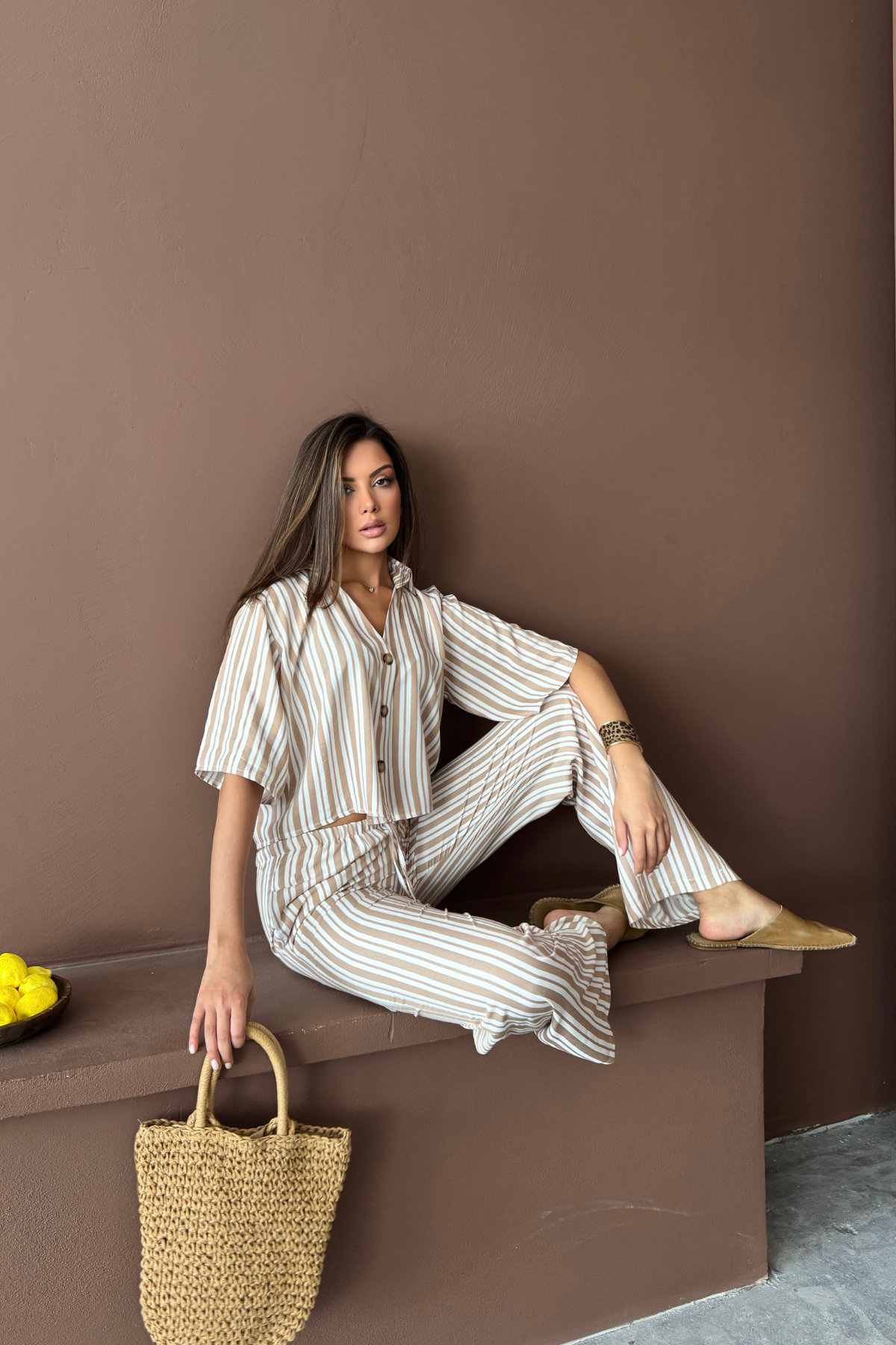 ÇİZGİLİ CROP GÖMLEK - SALAŞ PANTOLON TAKIM MODAL - Bej