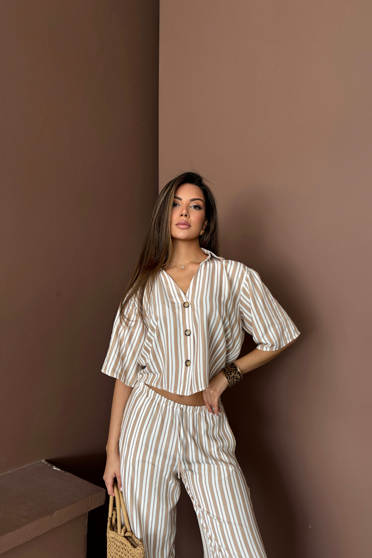 ÇİZGİLİ CROP GÖMLEK - SALAŞ PANTOLON TAKIM MODAL - Bej