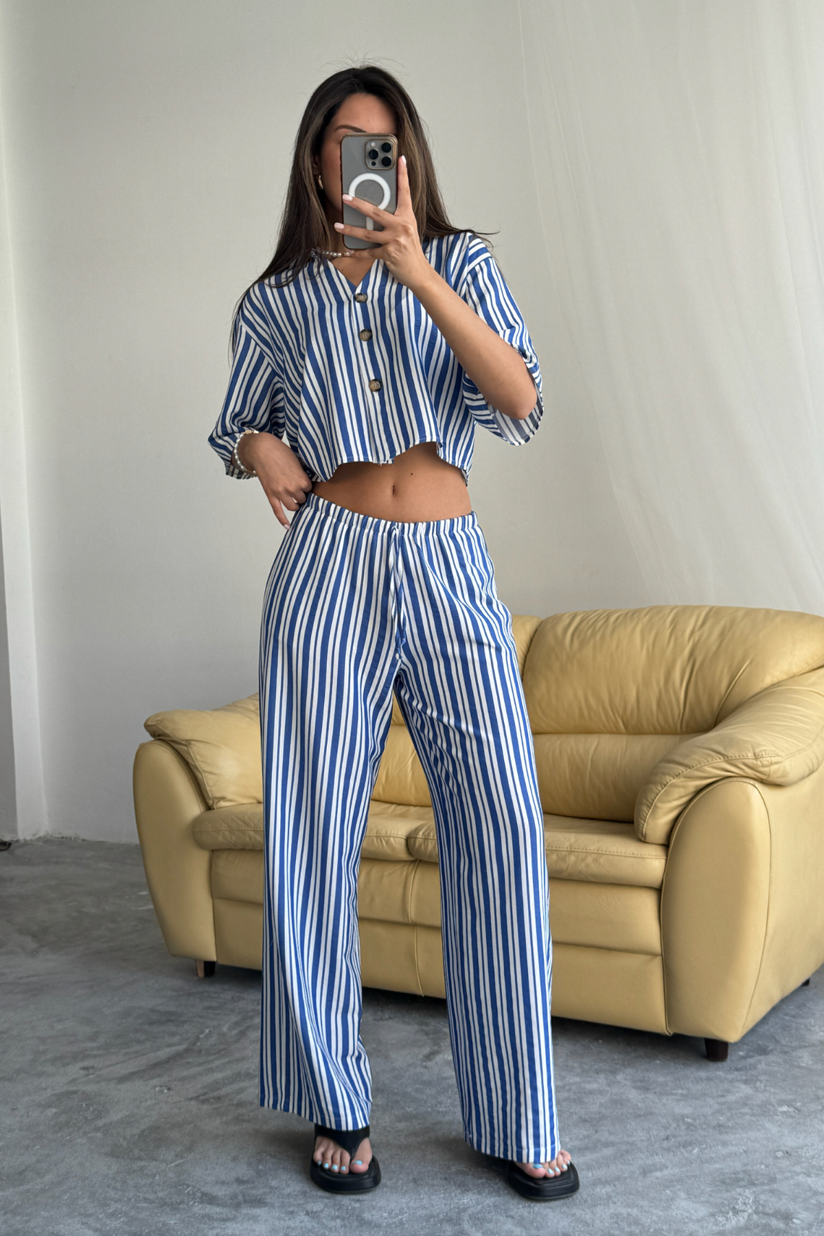 ÇİZGİLİ CROP GÖMLEK - SALAŞ PANTOLON TAKIM MODAL - Mavi