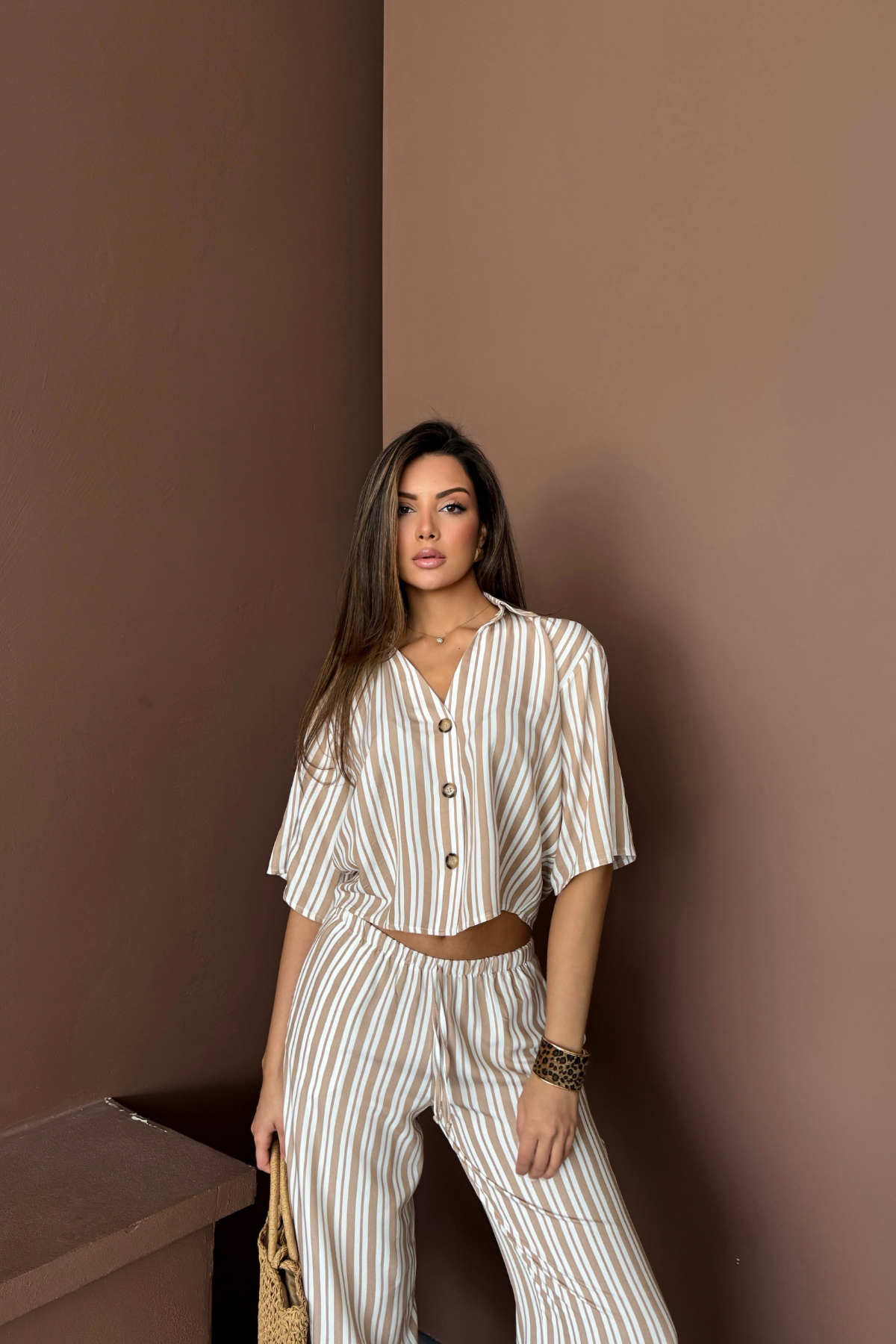 ÇİZGİLİ CROP GÖMLEK - SALAŞ PANTOLON TAKIM MODAL - Bej