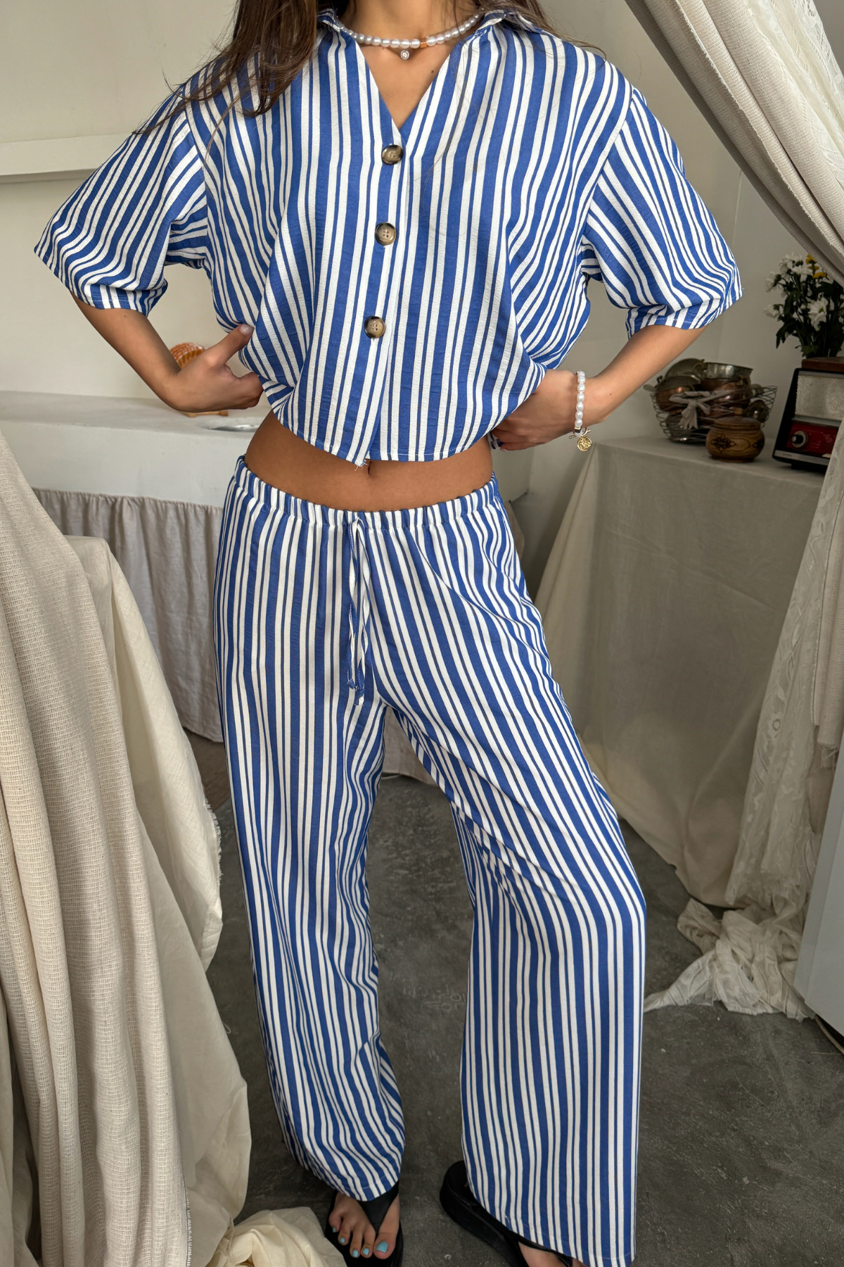 ÇİZGİLİ CROP GÖMLEK - SALAŞ PANTOLON TAKIM MODAL - Mavi