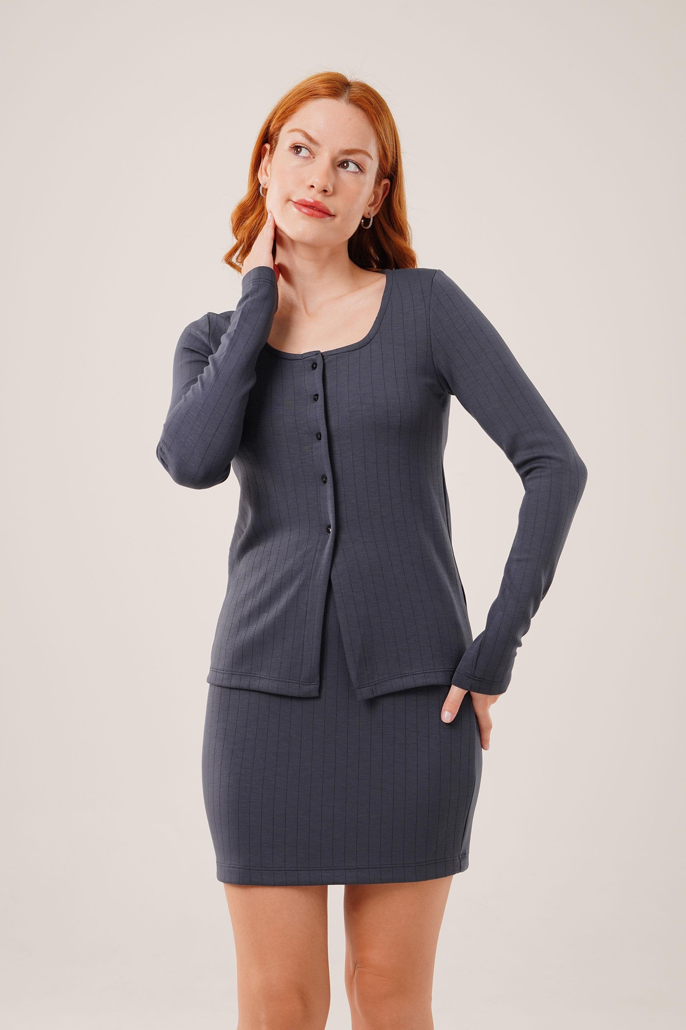 Çizgili Etek Düğmeli Bluz Toptan Antrasit Takım