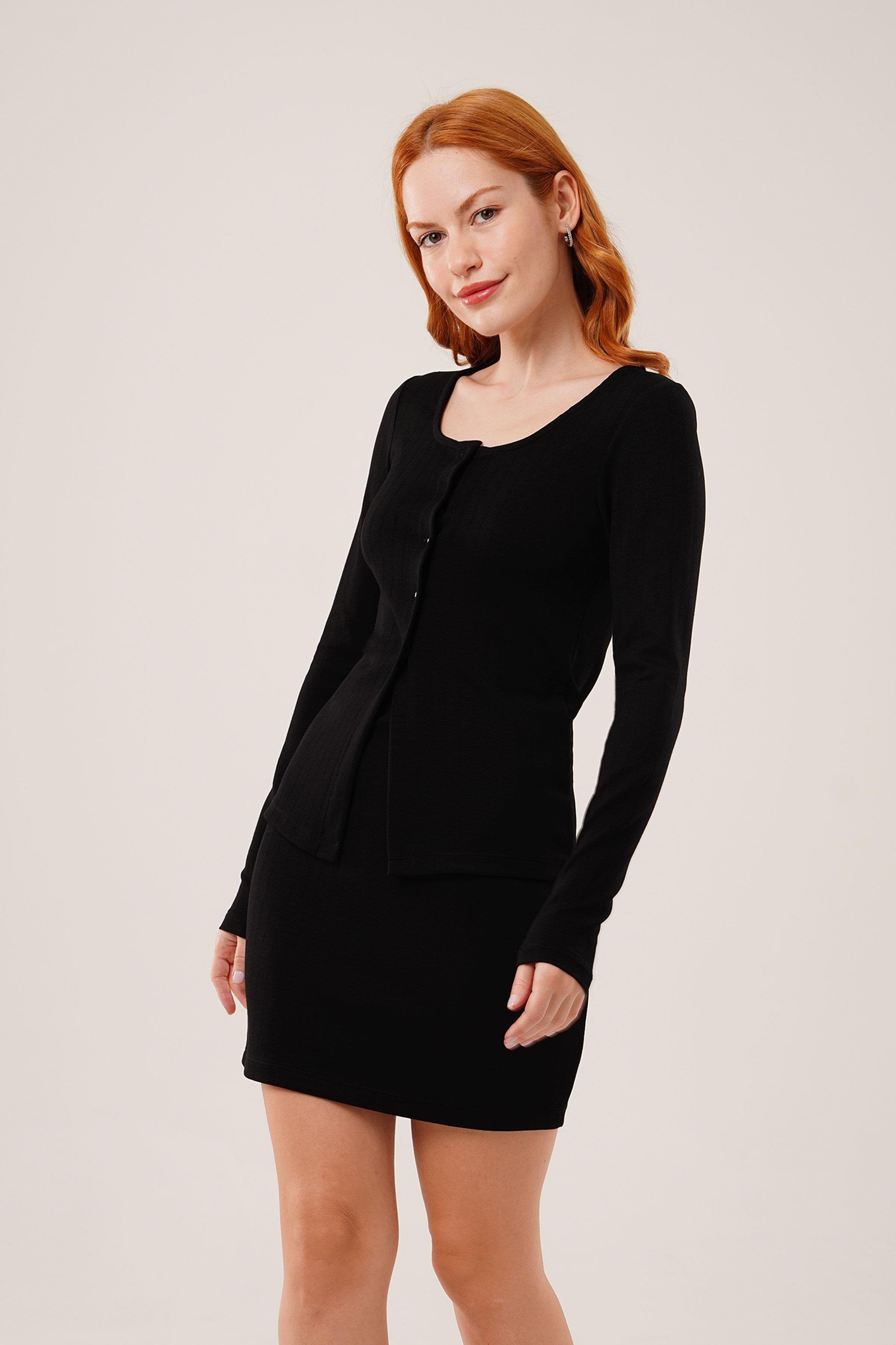 Çizgili Etek Düğmeli Bluz Toptan Siyah Takım