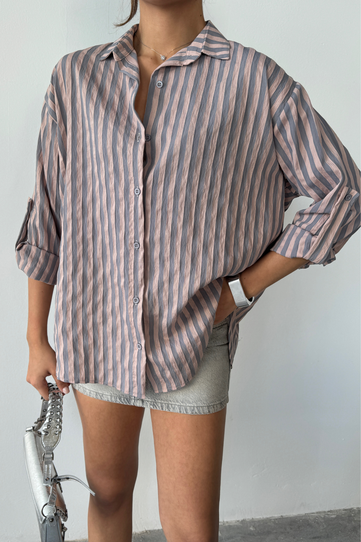 ÇİZGİLİ GÖMLEK KETEN - Antrasit