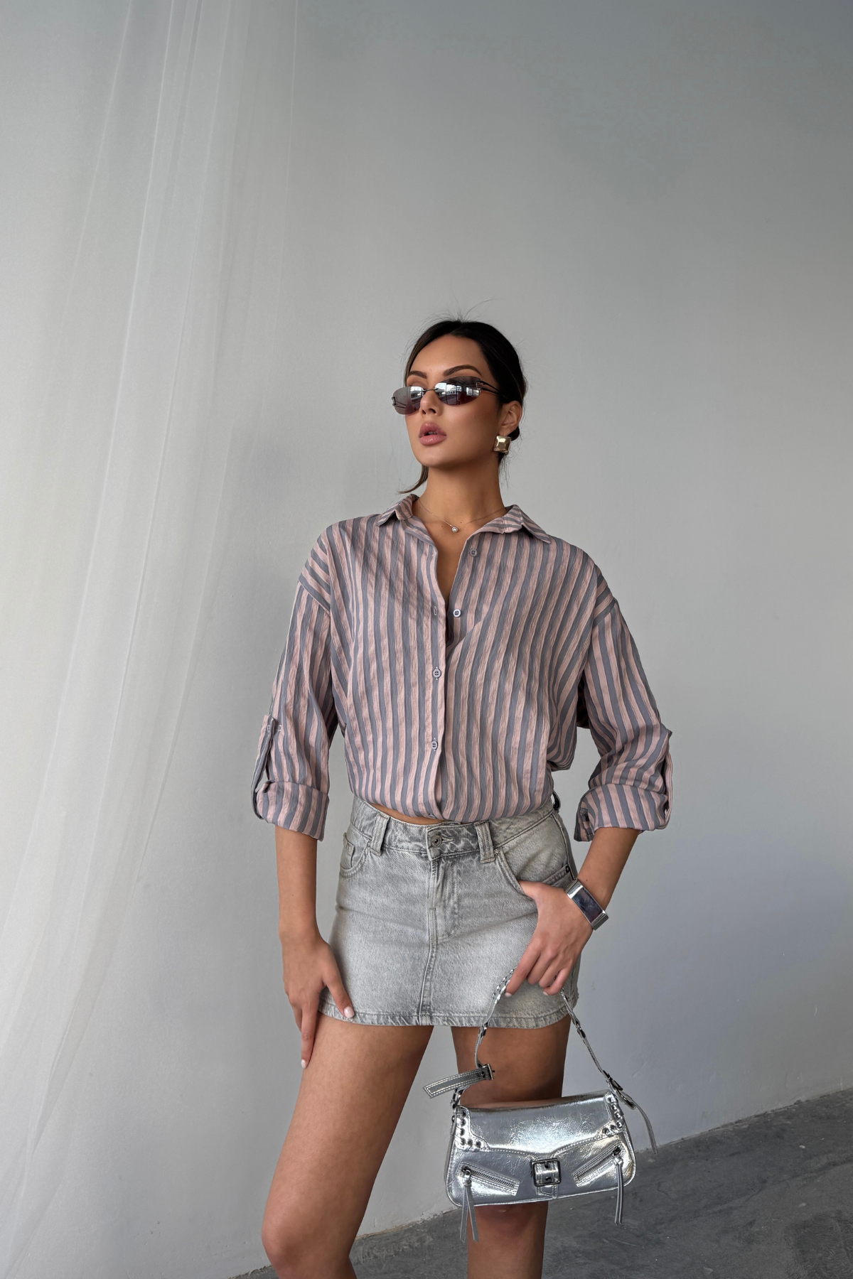 ÇİZGİLİ GÖMLEK KETEN - Antrasit