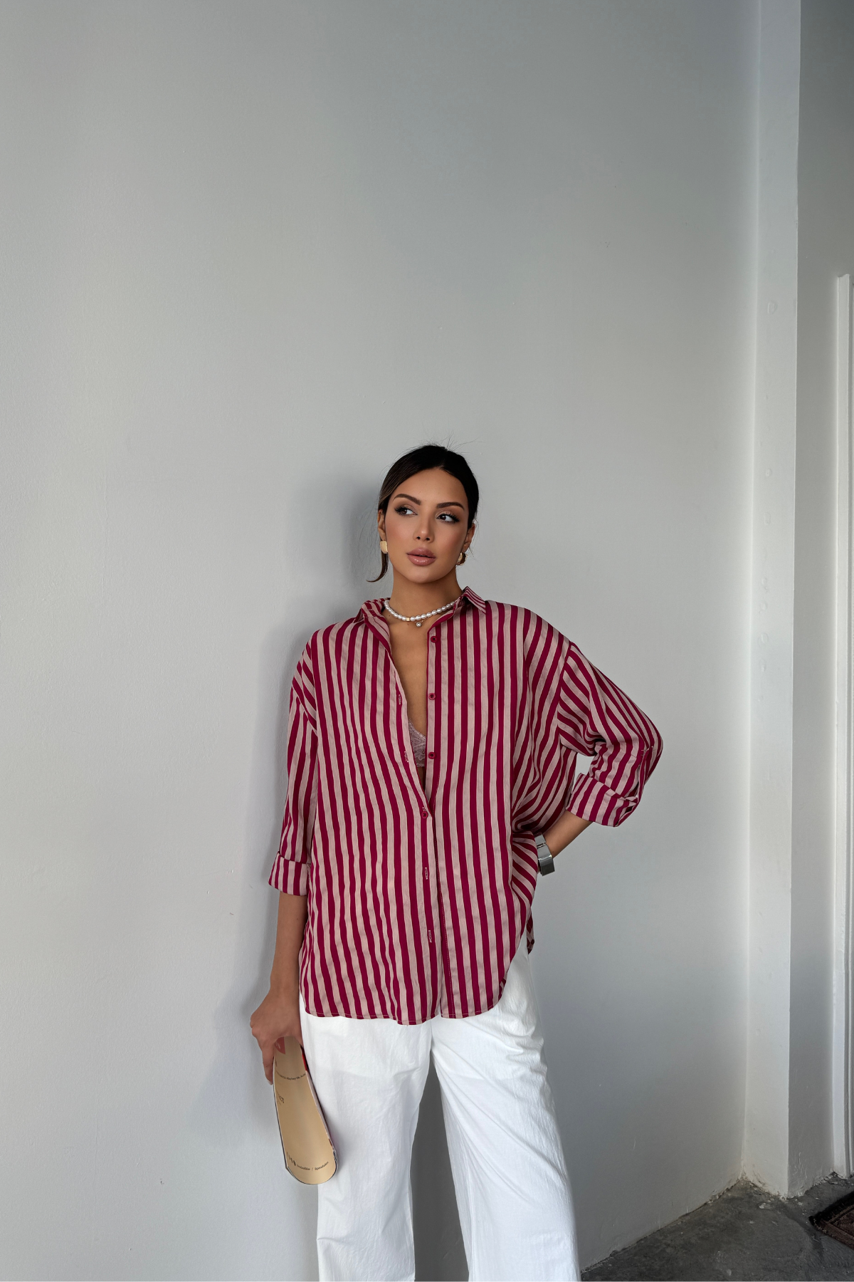 ÇİZGİLİ GÖMLEK KETEN - Bordo