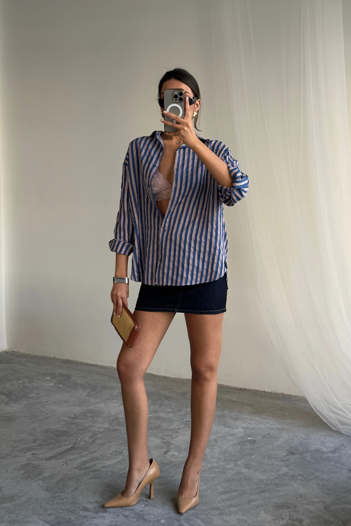 ÇİZGİLİ GÖMLEK  KETEN - Lacivert