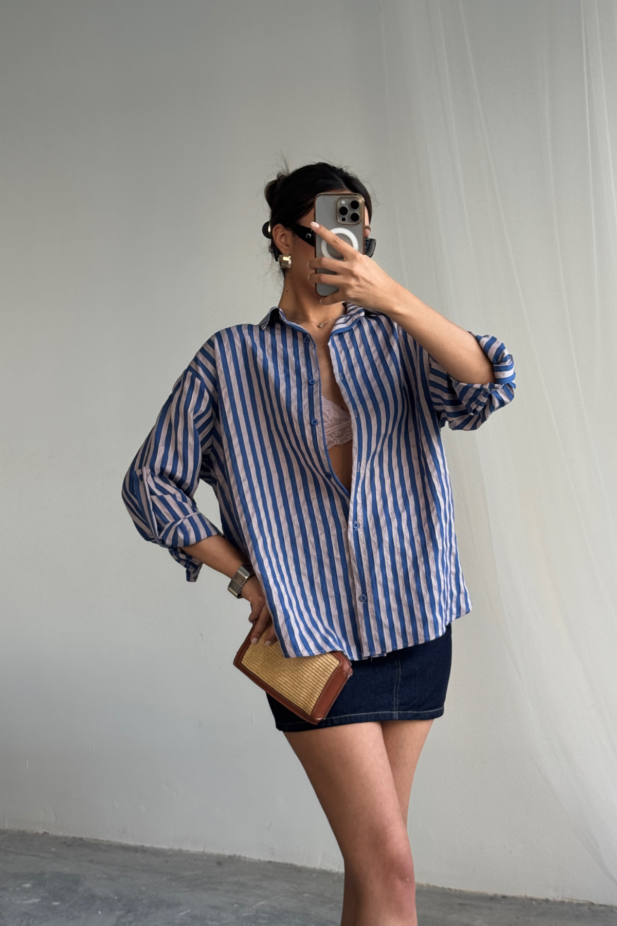 ÇİZGİLİ GÖMLEK  KETEN - Lacivert